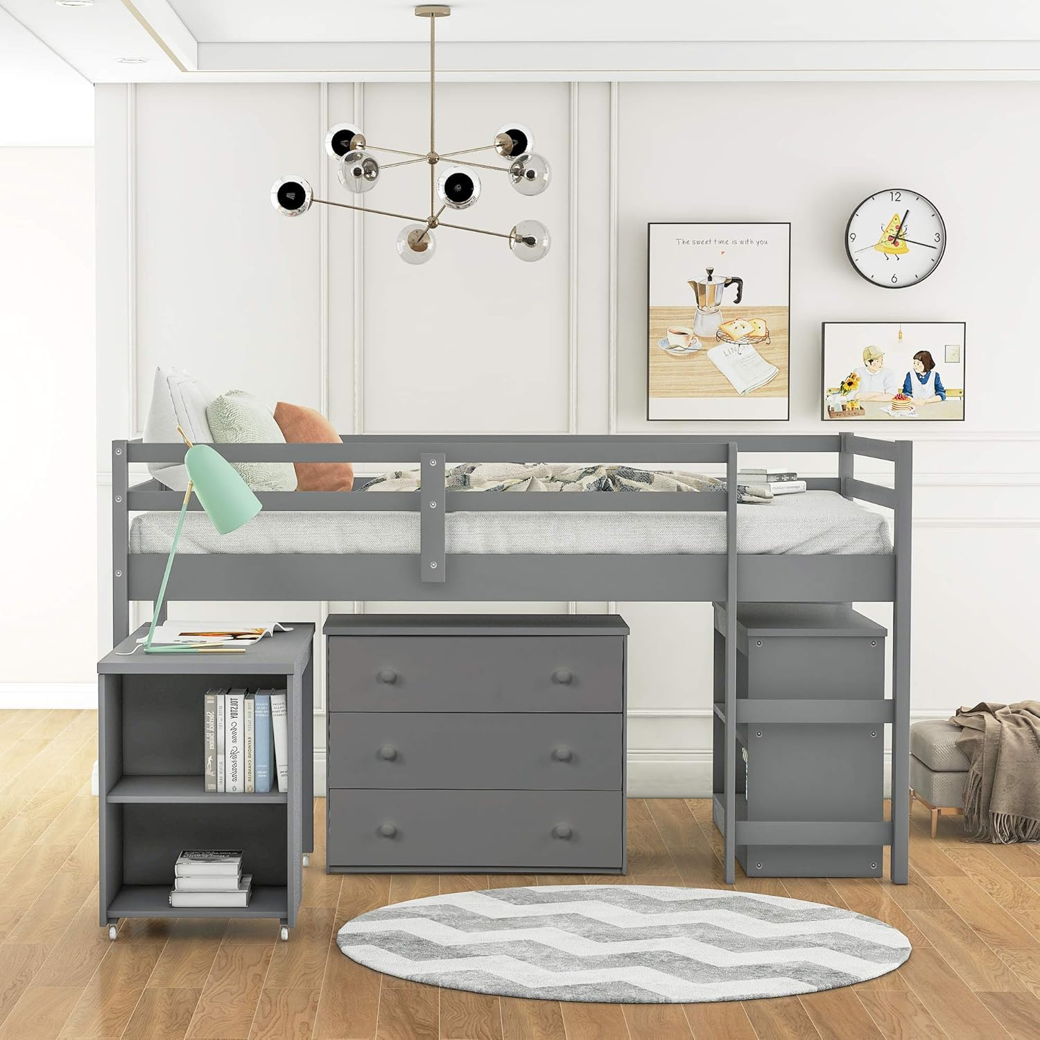 Twin Loft Bed Frame with Rolling Desk, Cabinets and Bookshelf, Wood Low Study Loft Bed with Full-length Guardrail for Kids, No Box Spring Required, Gray