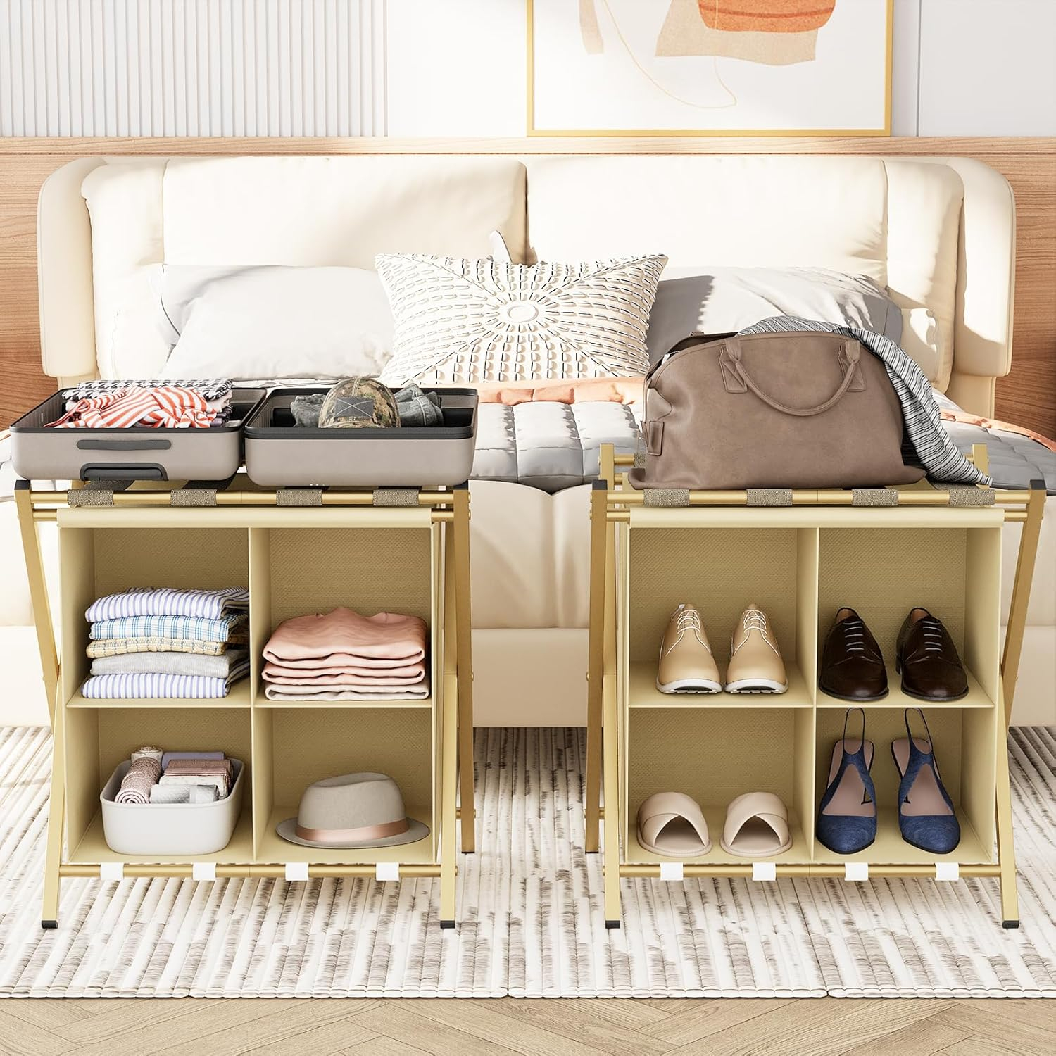 aboxoo Luggage Rack with storage, Guest Room Folding Suitcase Stands, Holds up to 120 lb, Space Saving Suitcase Holders for guest room, Bedroom Hotel, Gold