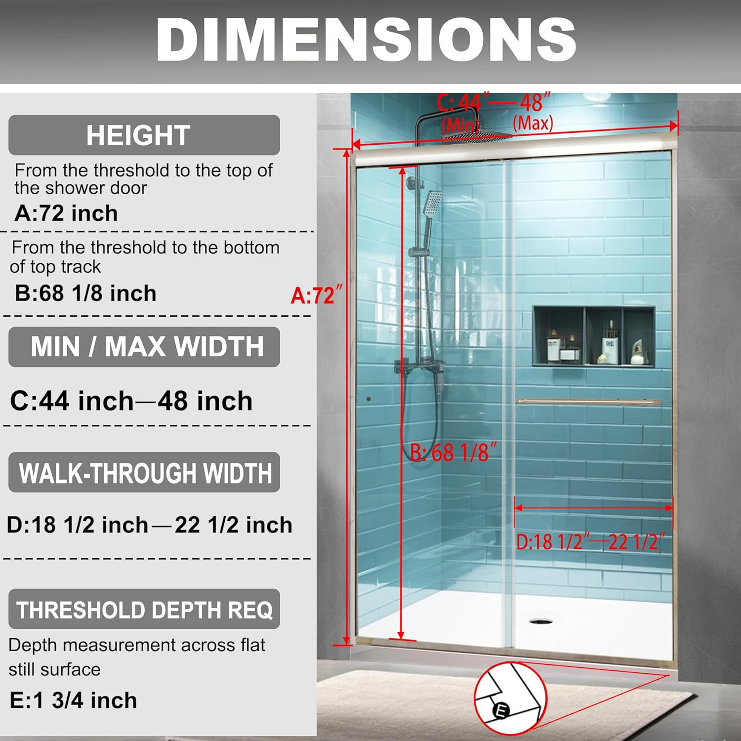 44-48 in.W x 72 in.H Semi-Frameless Sliding Shower Door In Brushed Nickel Finish, 1/4 in.(6mm) Clear Tempered Glass.