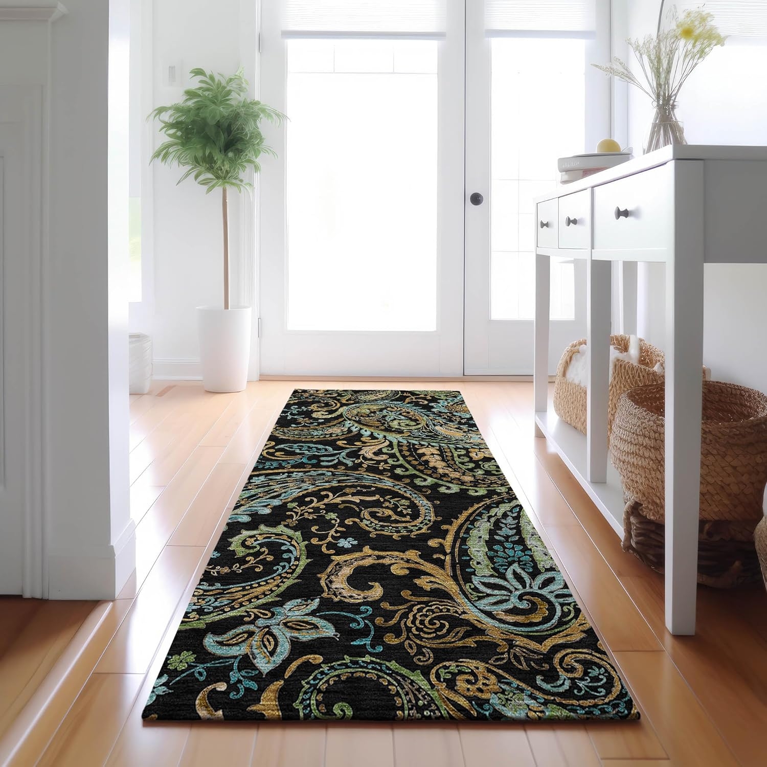 Addison Rugs Mayfield Washable Transitional Paisley Black Runner Rug, 2'3" x 7'6"