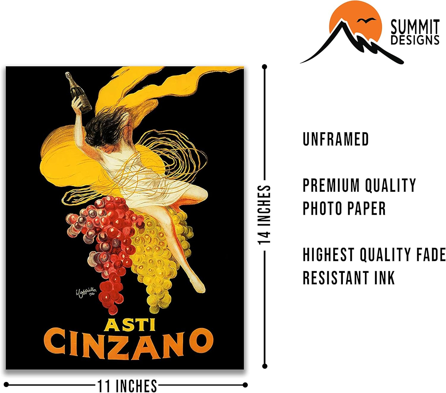 Vintage Black and Yellow Asti Cinzano Italian Poster Print (11x14)