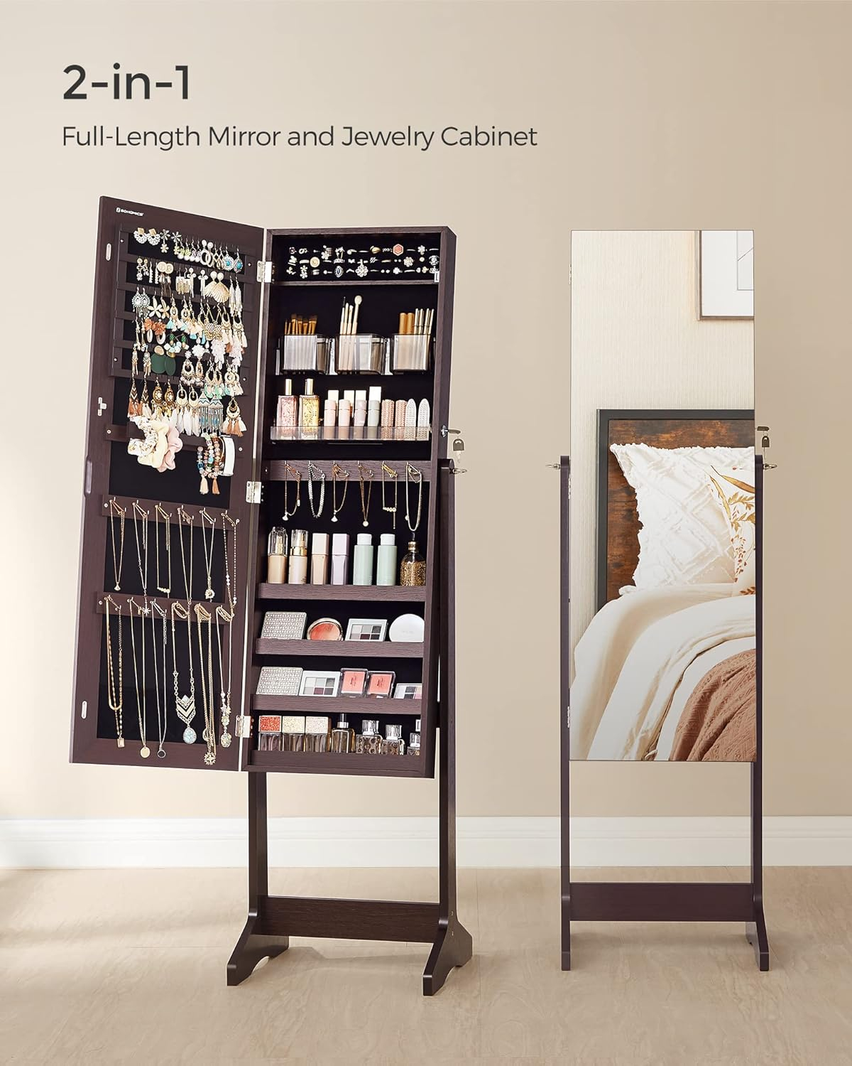Freestanding Jewelry Cabinet Armoire Organizer with Bevel Edge Mirror