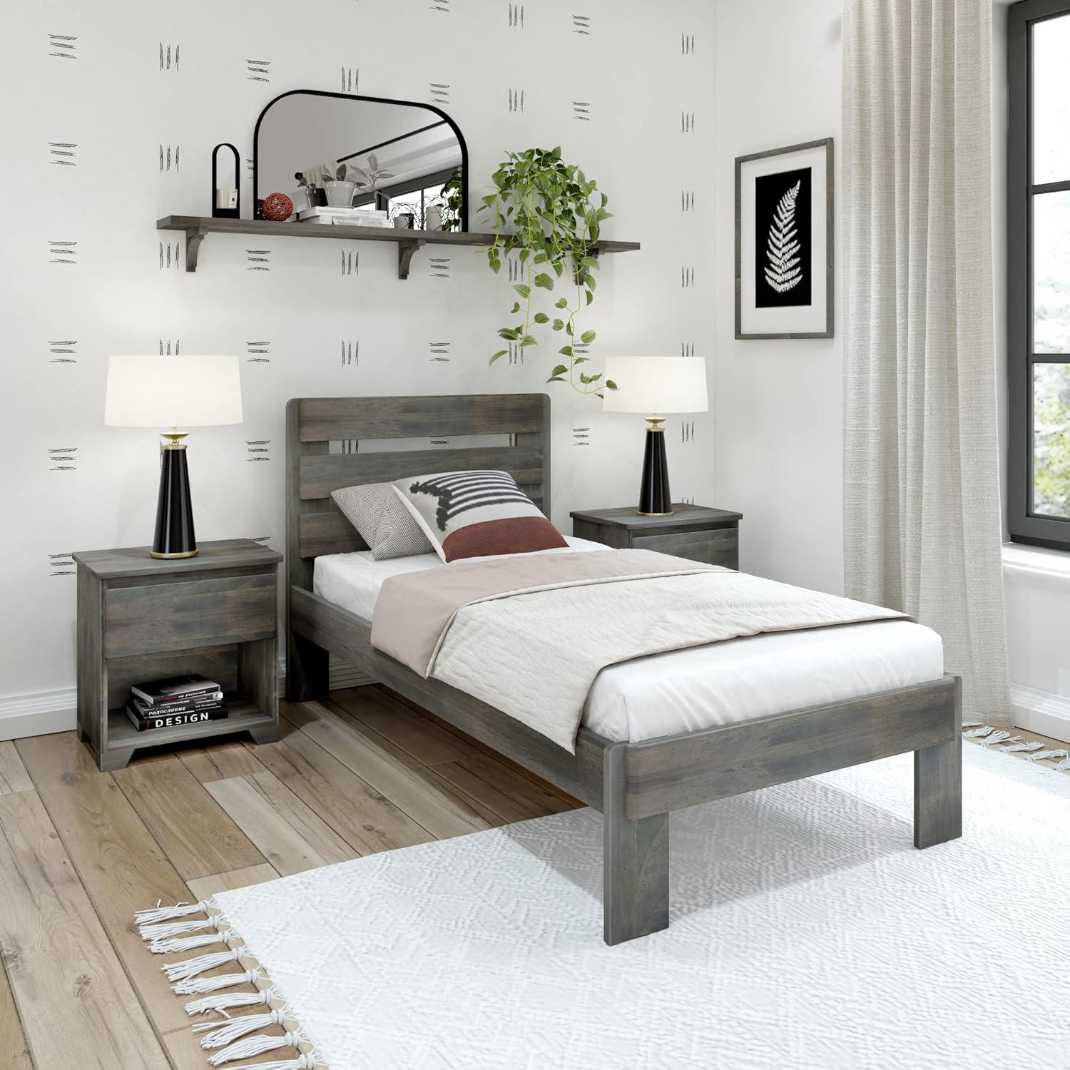 Plank+Beam Farmhouse Twin Bed Frame with Plank Headboard, Solid Wood Platform Bed, Driftwood