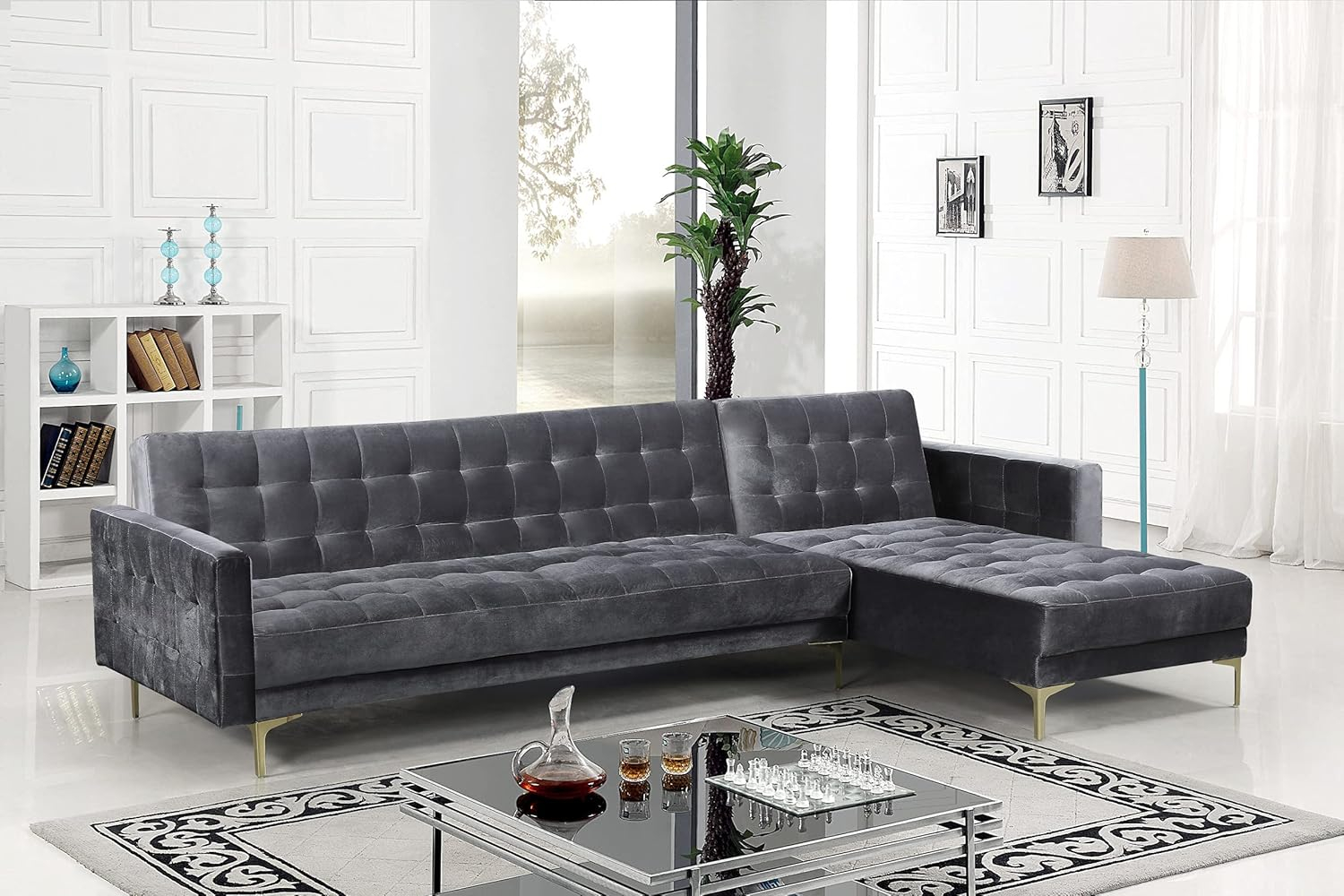 Luxurious Gray Velvet Tufted Sectional with Gold Metal Legs