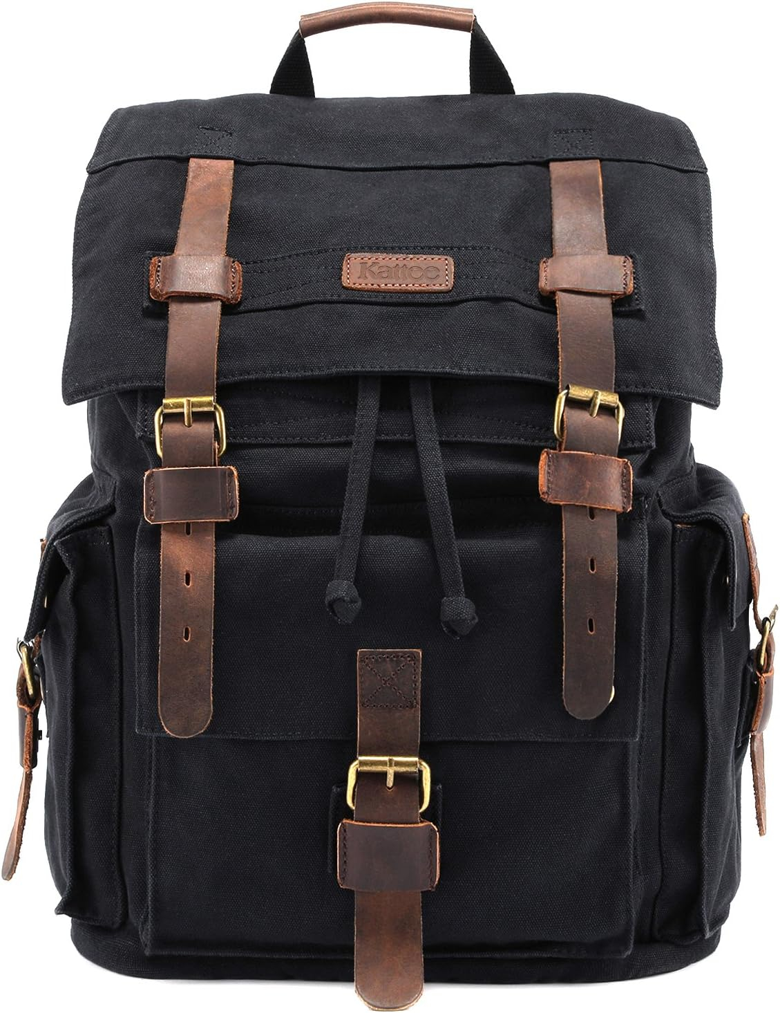 Kattee Men’s Leather Canvas Backpack Large School Bag Travel Rucksack Black