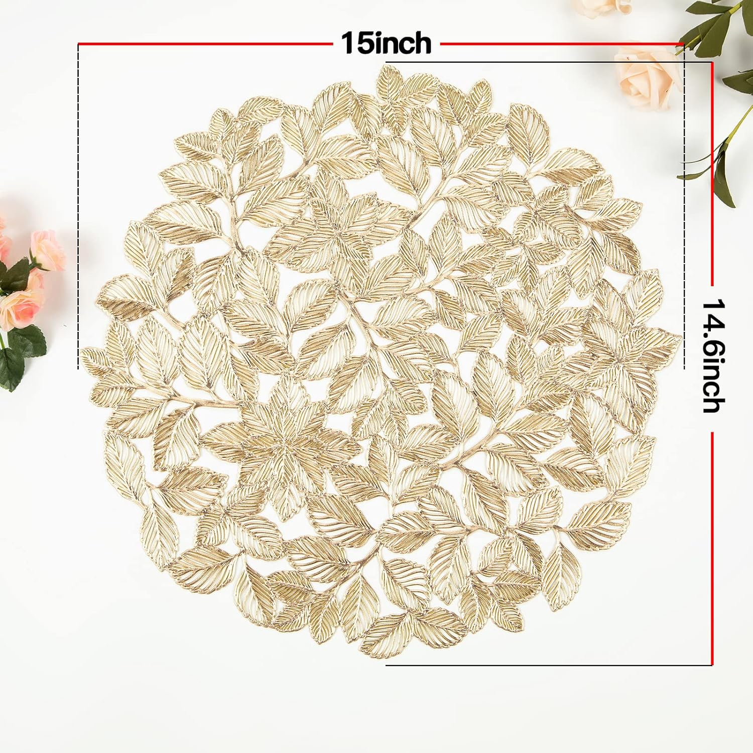Metallic Placemats Set of 6 Gold Leaf Round Placemats Non-Slip Wipeable Table Mats for Dinner,Party,Wedding Accent Centerpiece