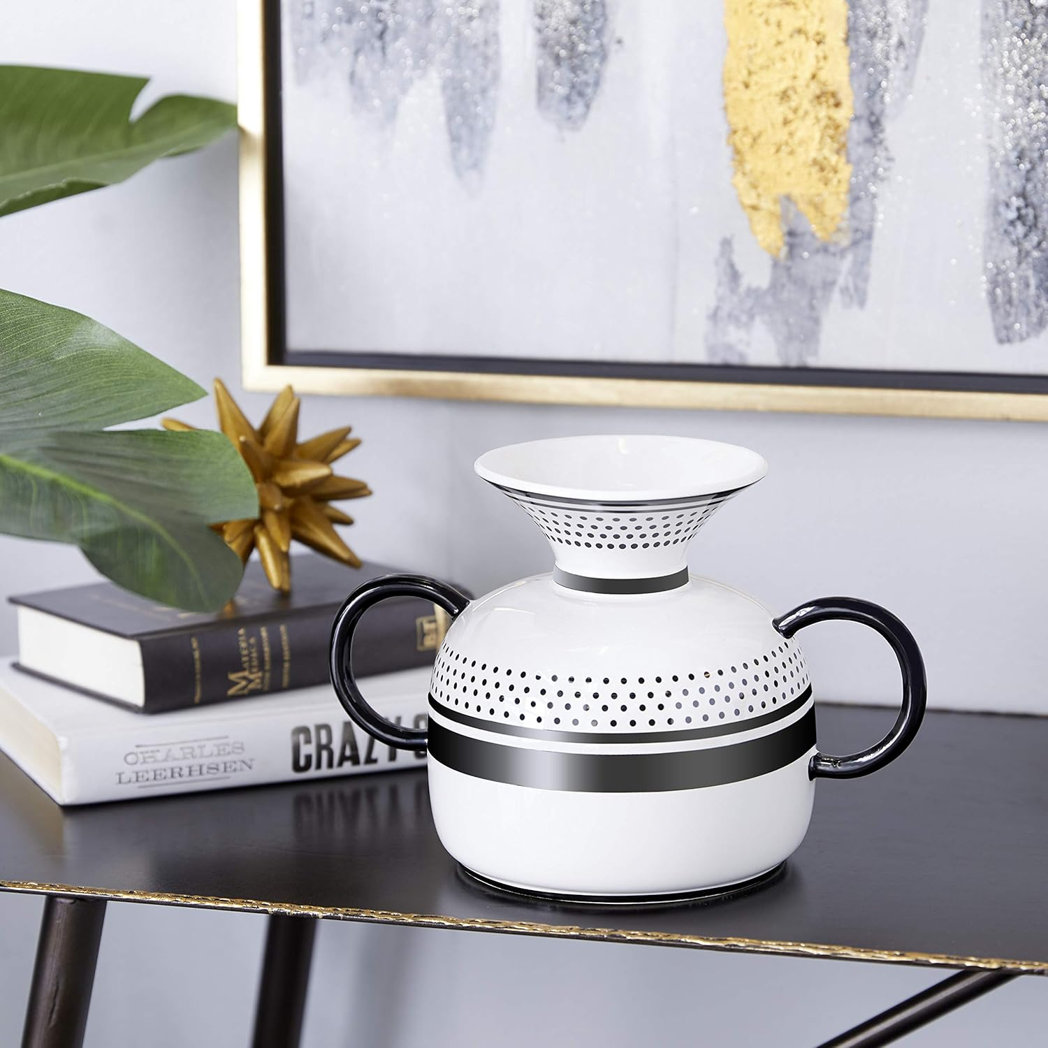DecMode 8"W, 7"H Dolomite Eclectic Vase, White, 1 - Piece