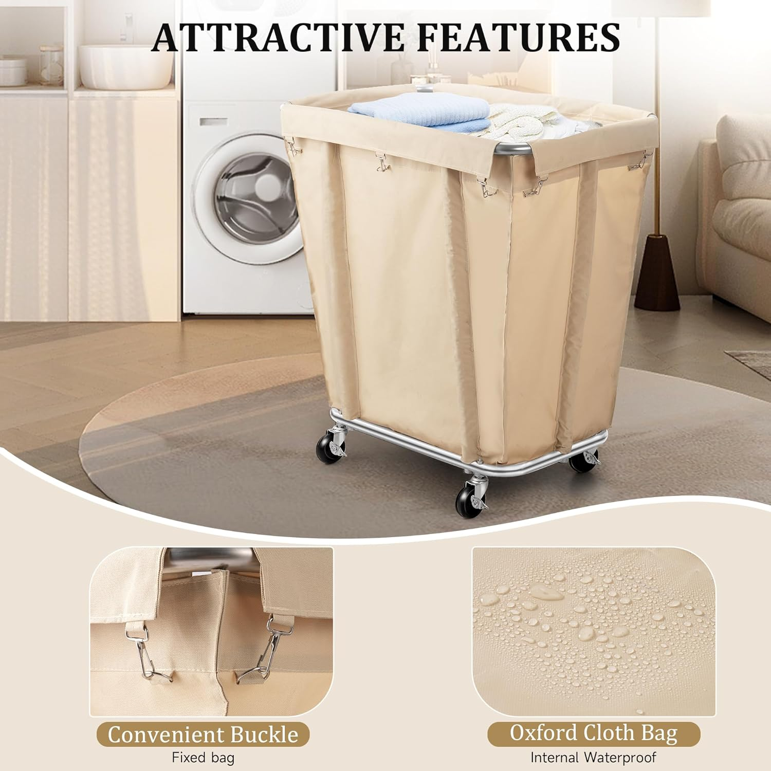 Rengue Commercial Laundry Cart with Wheels, 320L Capacity Laundry Sorter Rolling Laundry Hamper with Waterproof Oxford Basket and Sturdy Steel Frame, 260 lbs Load, Beige