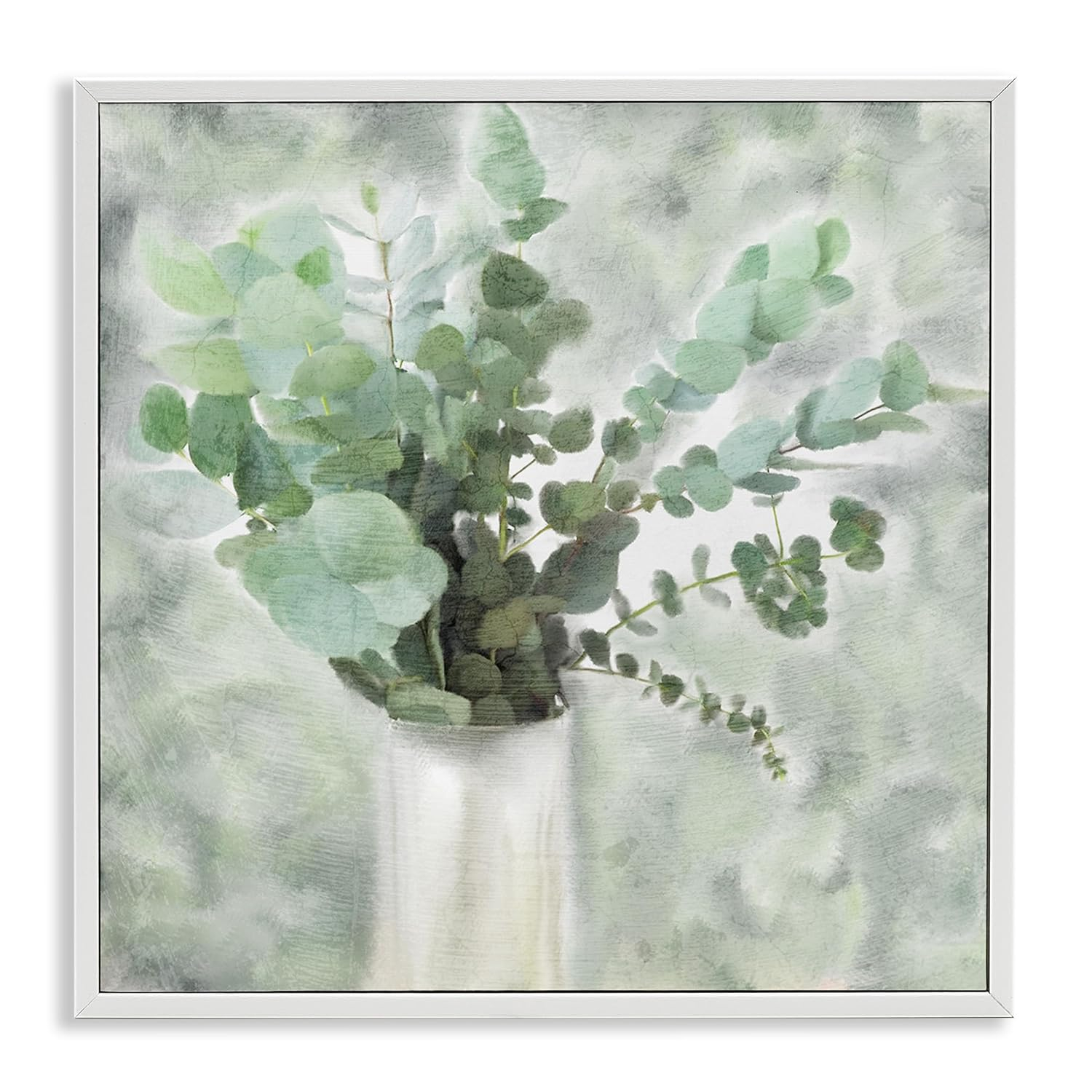 Sage Green Painterly Eucalyptus In White Vase Botanical & Floral Framed Art Print Wall Art, 17x17