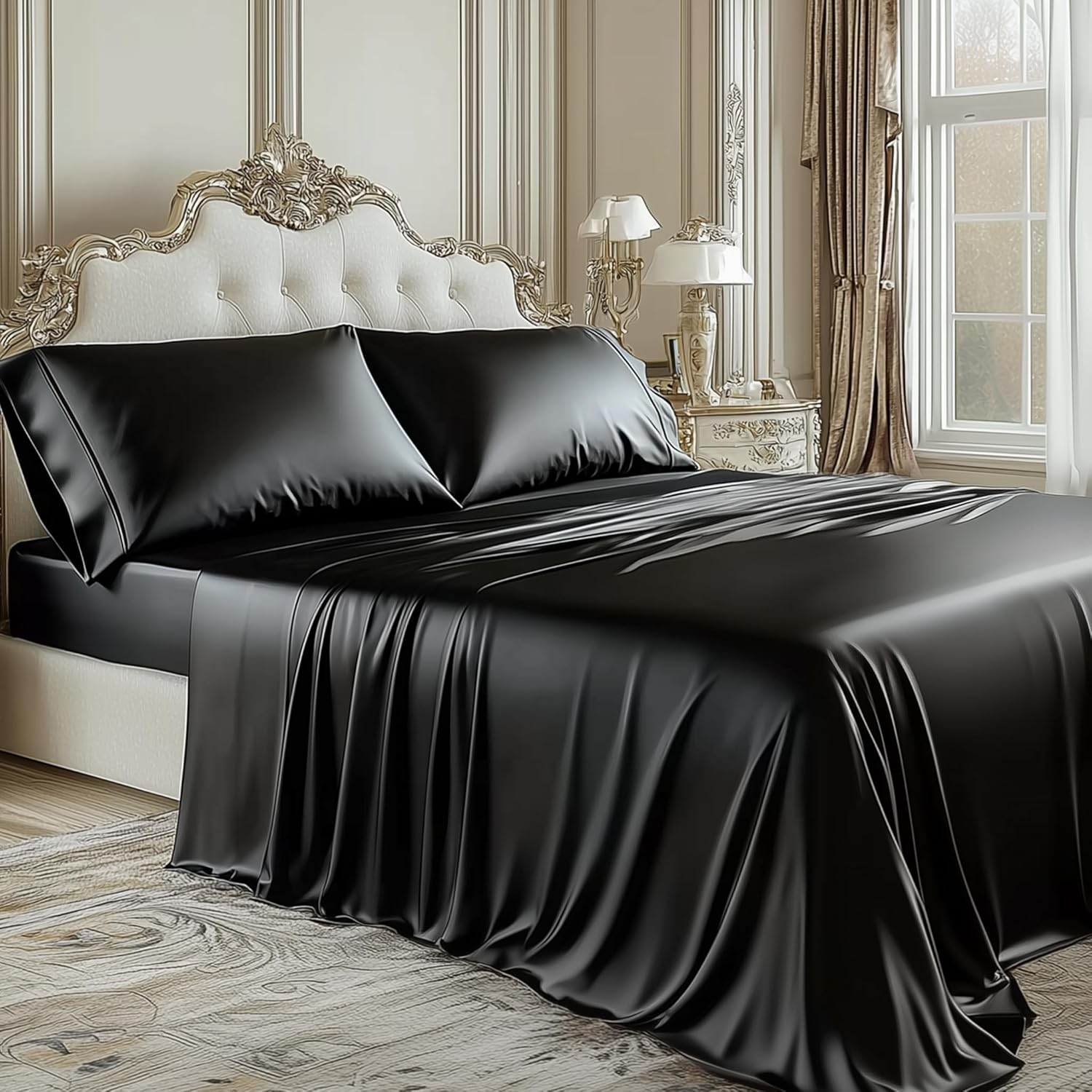 Degrees of Comfort Black Satin Sheet Set for Queen Size Bed – 6 Piece Silky and Soft Sheets with 14 Inches Deep Pocket