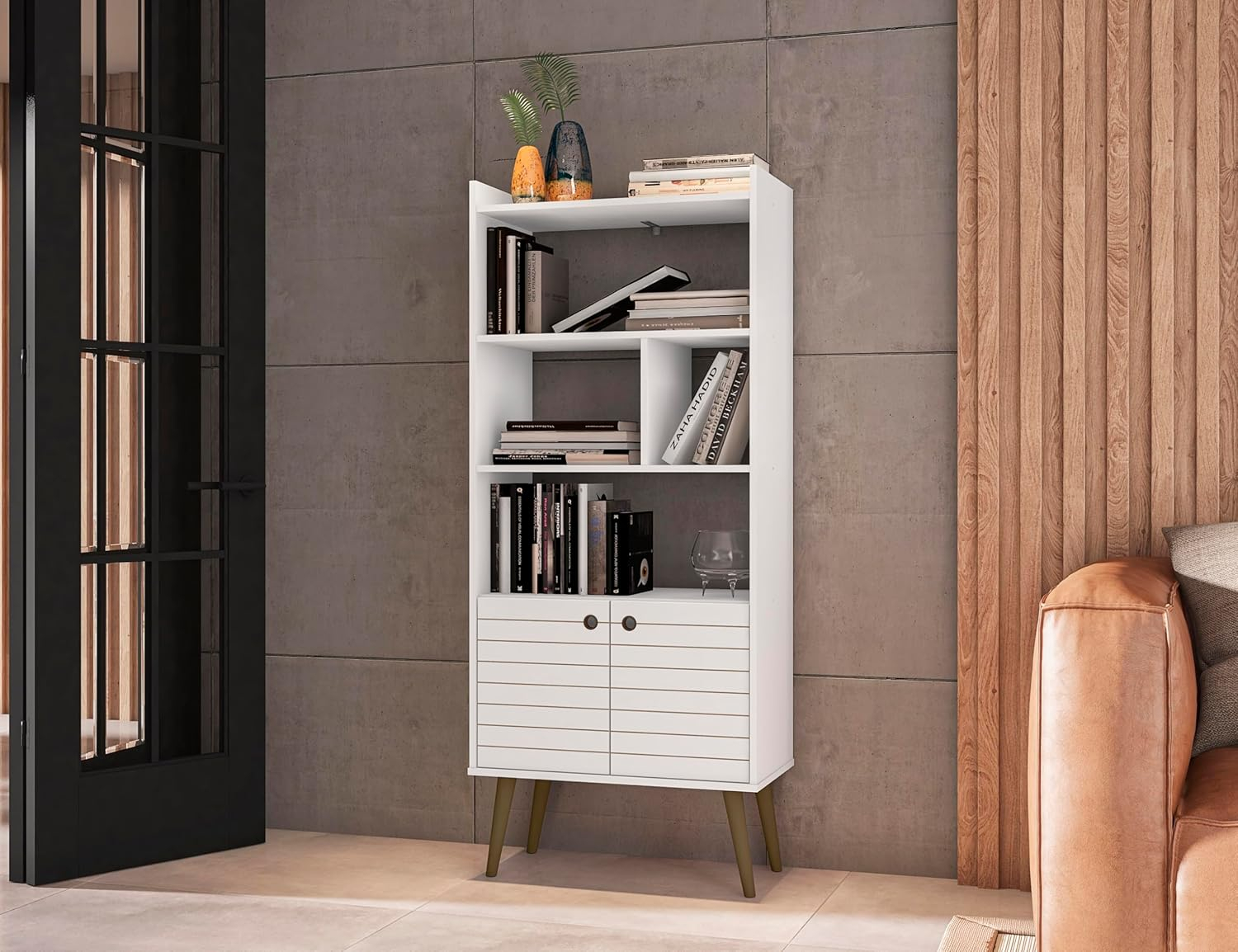Mid-Century Modern White and Wood 3-Tier Bookshelf with Doors