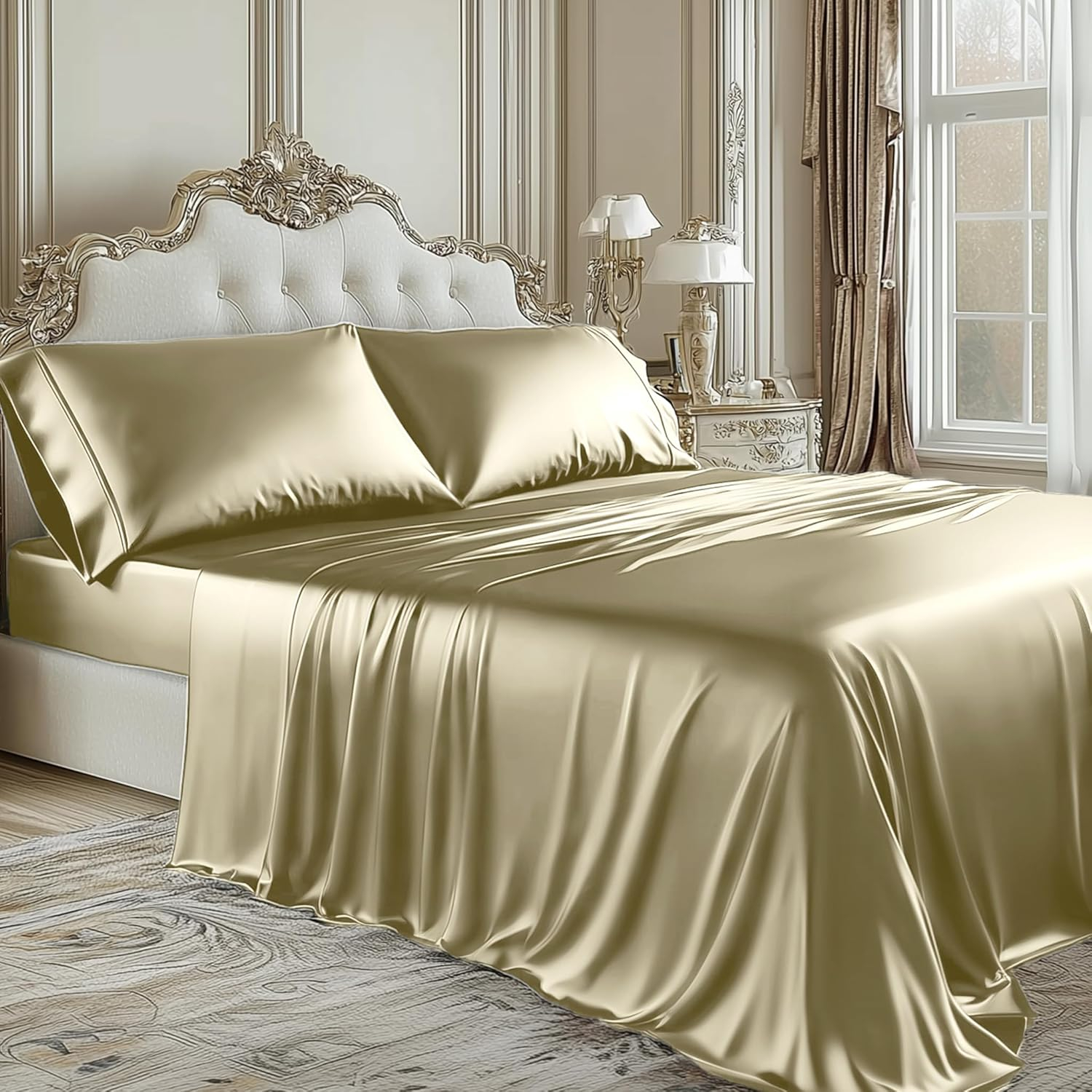 Degrees of Comfort Champagne Satin Sheet Set for Queen Size Bed – 6 Piece Silky and Soft Sheets with 14 Inches Deep Pocket