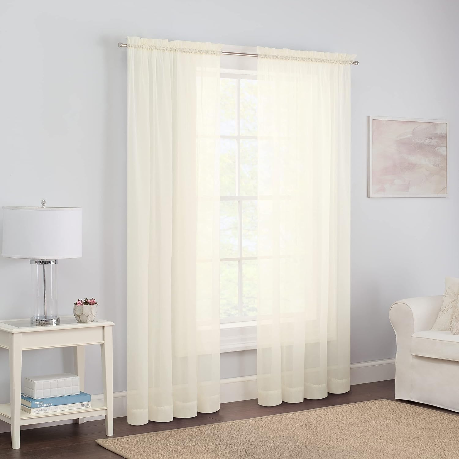Victoria Ivory Solid Polyester 118 in. W x 63 in. L Sheer Pair Rod Pocket Curtain Panel