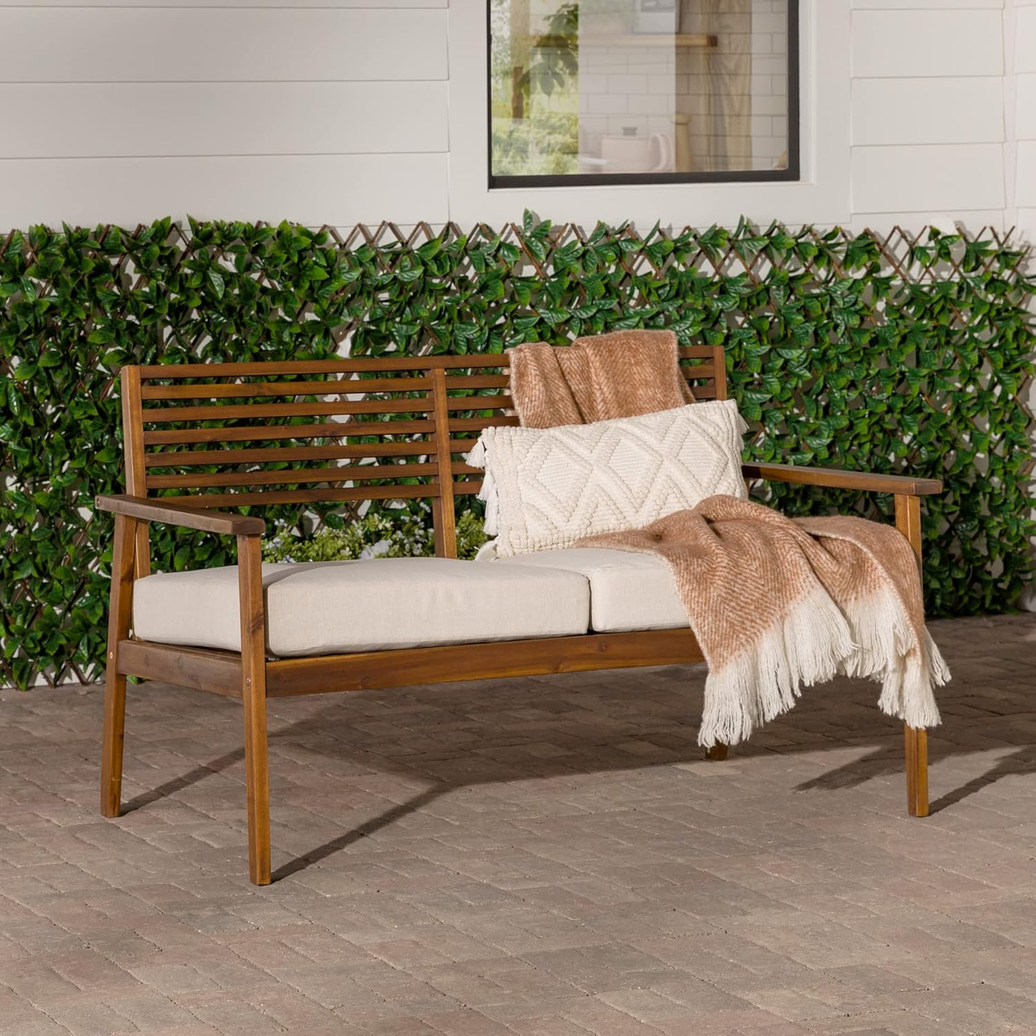 Walker Edison Modern Cushioned Solid Acacia Wood Loveseat