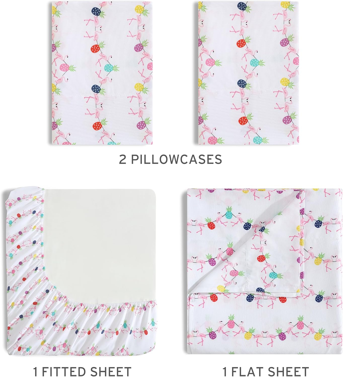 Beatrice Home Fashions Printed Microfiber Sheet Set, Soft Comfortable Easy Care, Includes 1 Fitted Sheet with 12" Deep Pockets, 1 Flat Sheet, Pillowcase, Full, Flamingo Pineapple