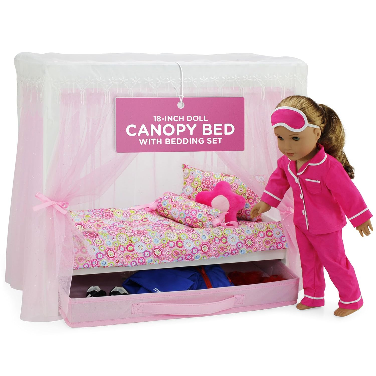 Emily Rose 18 Inch Doll Furniture | 18" Doll Canopy Single Bed with Doll Clothes Storage Drawer | Doll Bed Includes a 5 Piece Colorful Bedding Set | Fits 15" - 18" Dolls