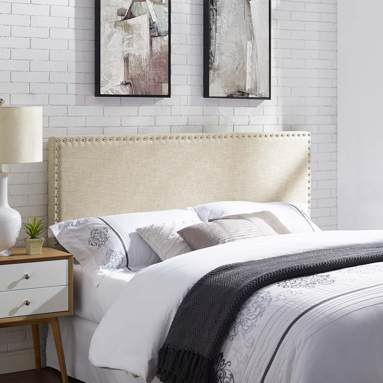Modway Region Nailhead Queen Upholstered Headboard in Ivory