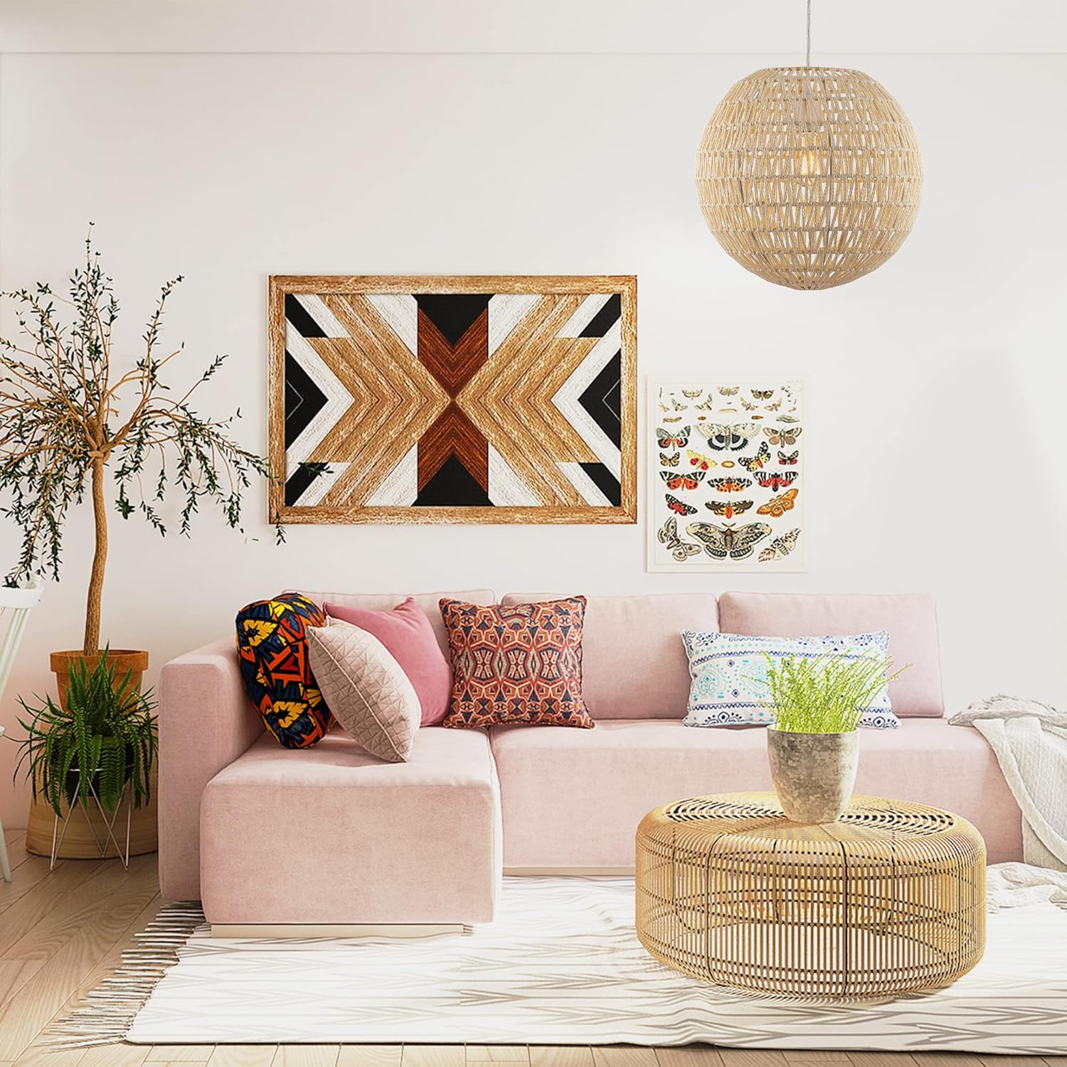 JONATHAN Y Luna 15.75" 1-Light Bohemian Modern Woven Rattan/Iron LED Pendant, Cream/White