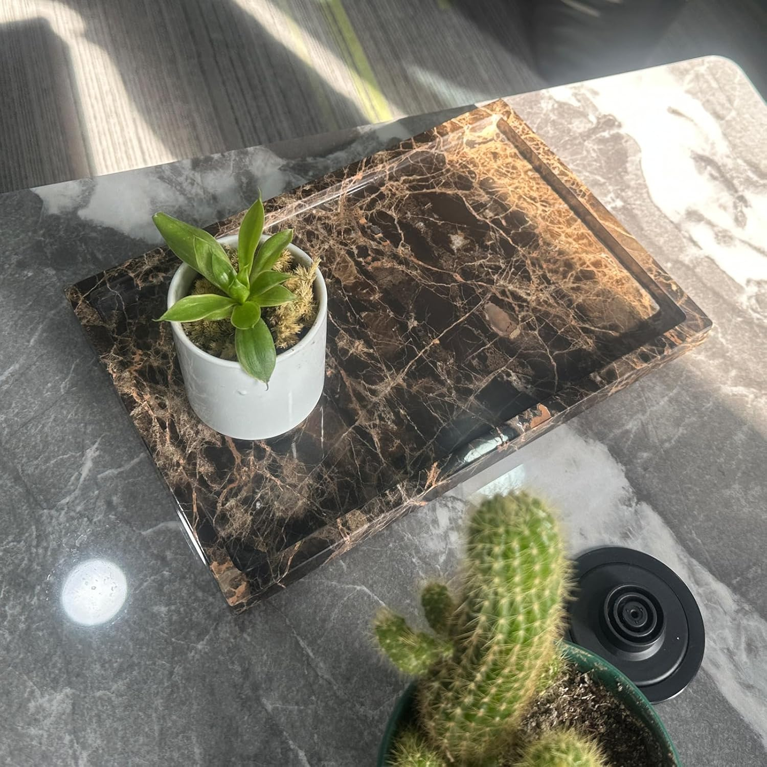 Natural Marble Tray for Bathroom Countertop, Dark Brown Marble Stone Tray for Kitchen Counter (Coffee Net, 12" x 8")
