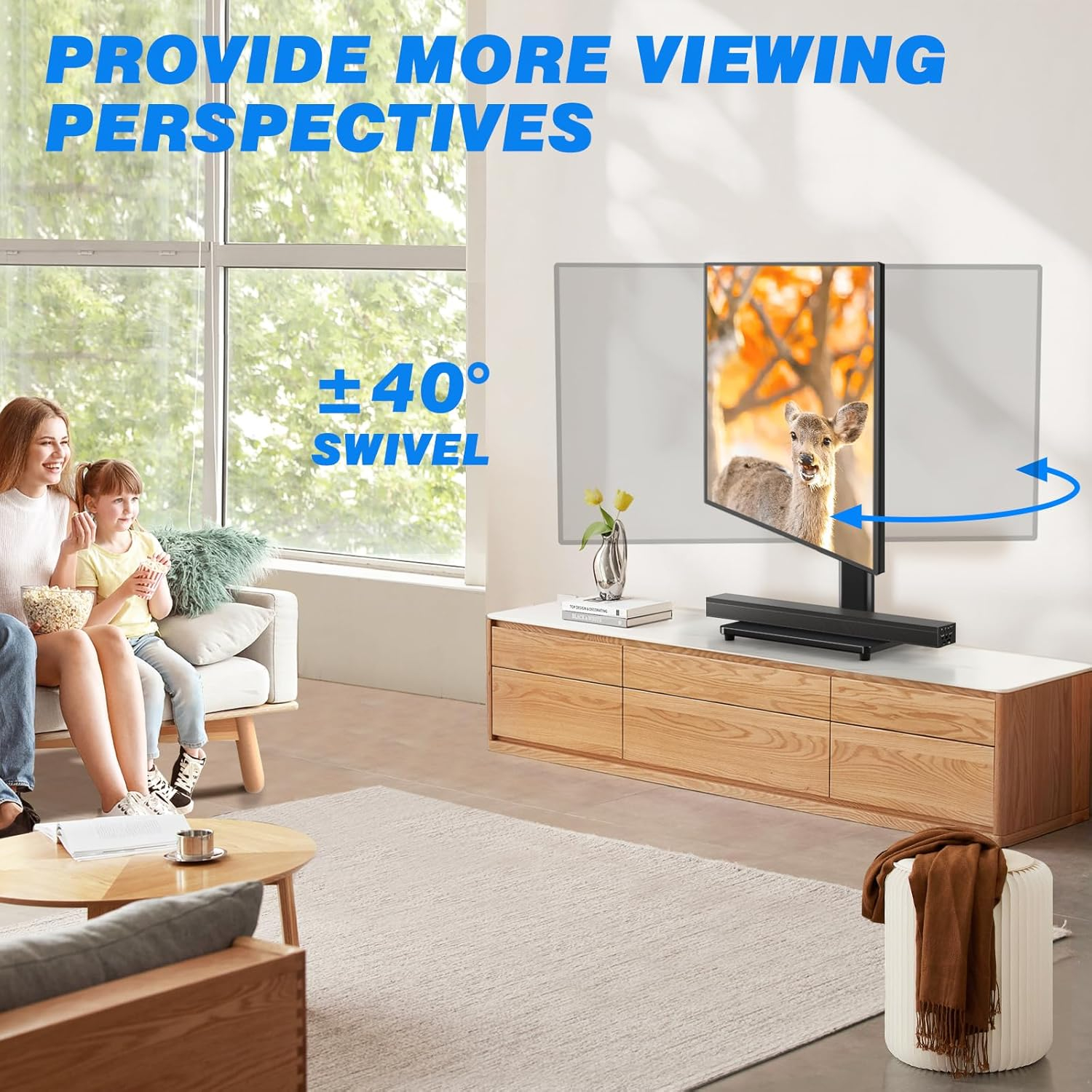 Rfiver Universal Swivel Tabletop TV Stand for Flat Screens 23 24 26 32 39 40 42 43 Inch, Heavy Duty Center Pedestal Stand Replacement with Black Tempered Glass Base and Height Adjustable Mount