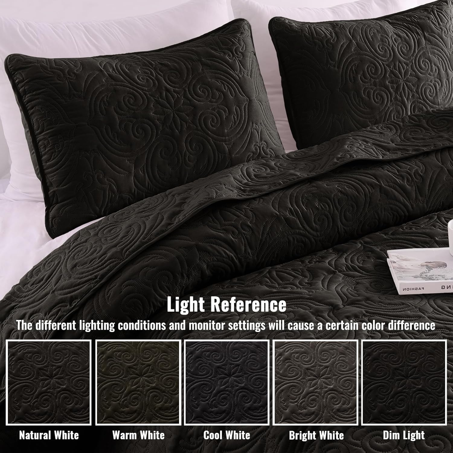 Exclusivo Mezcla Queen Quilt Bedding Set, Lightweight Vintage Queen Size Quilts with Pillow Shams, Soft Bedspreads Coverlets for All Seasons (96"x90", Black)