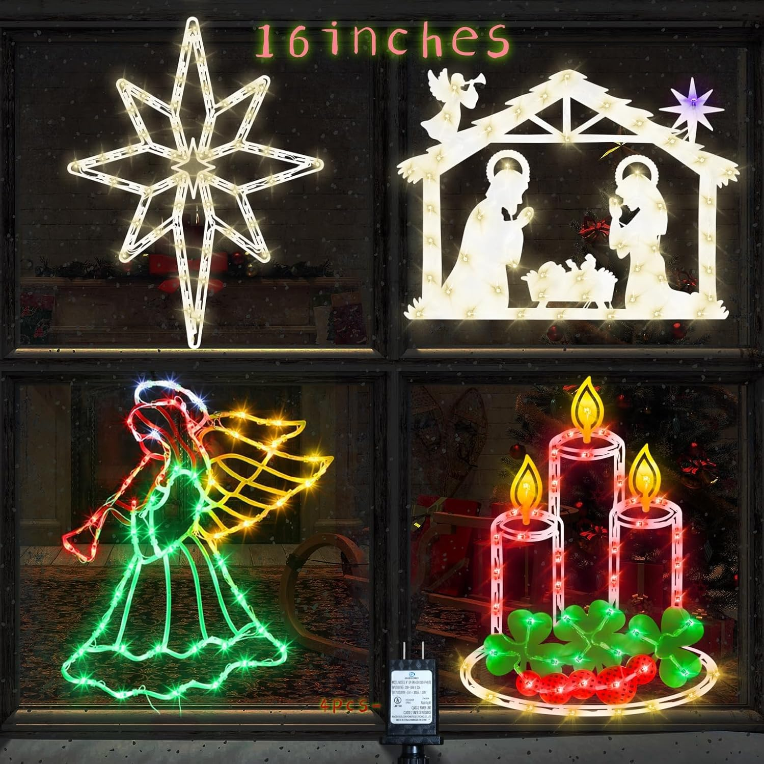 16 Inch Christmas Window Silhouette Lights Decorations, 4 Pack Waterproof Window Hanging Lights Elk, Christmas Tree, Santa Claus, Wreaths for Party, Home Indoor Outdoor Wall - 200 Mini Bulbs