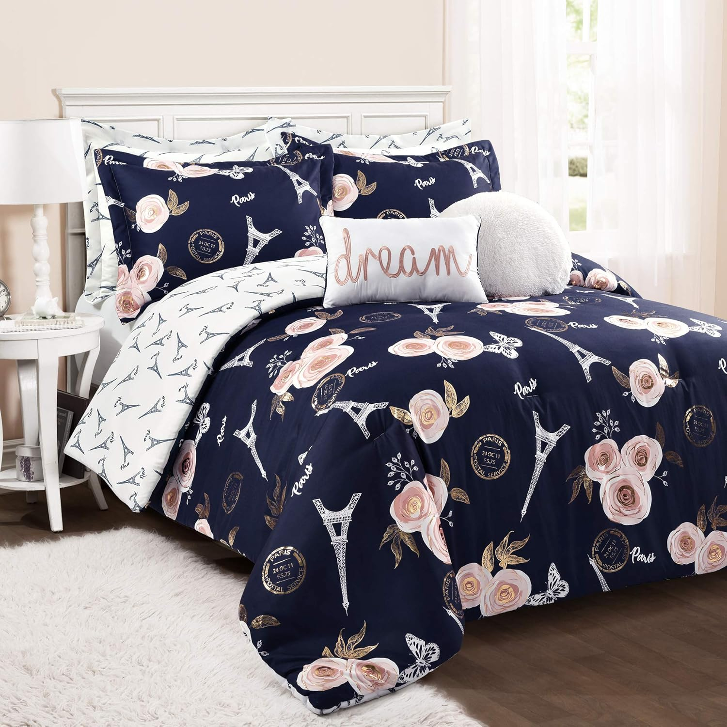 Lush Decor Vintage Paris Rose Butterfly Script Microfiber Reversible 7 Piece Comforter Set