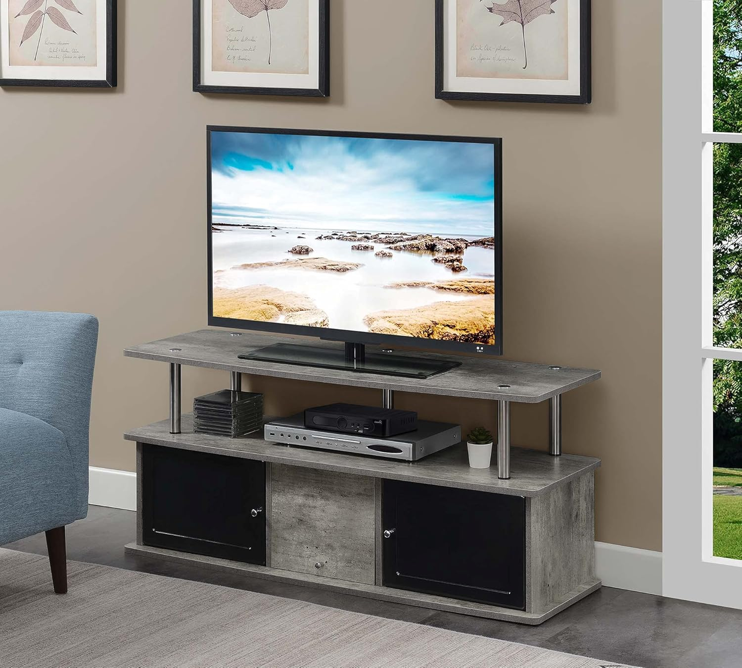 Designs2Go TV Stand with 3 Storage Cabinets and Shelf for TVs up to 55 inches, Faux Birch