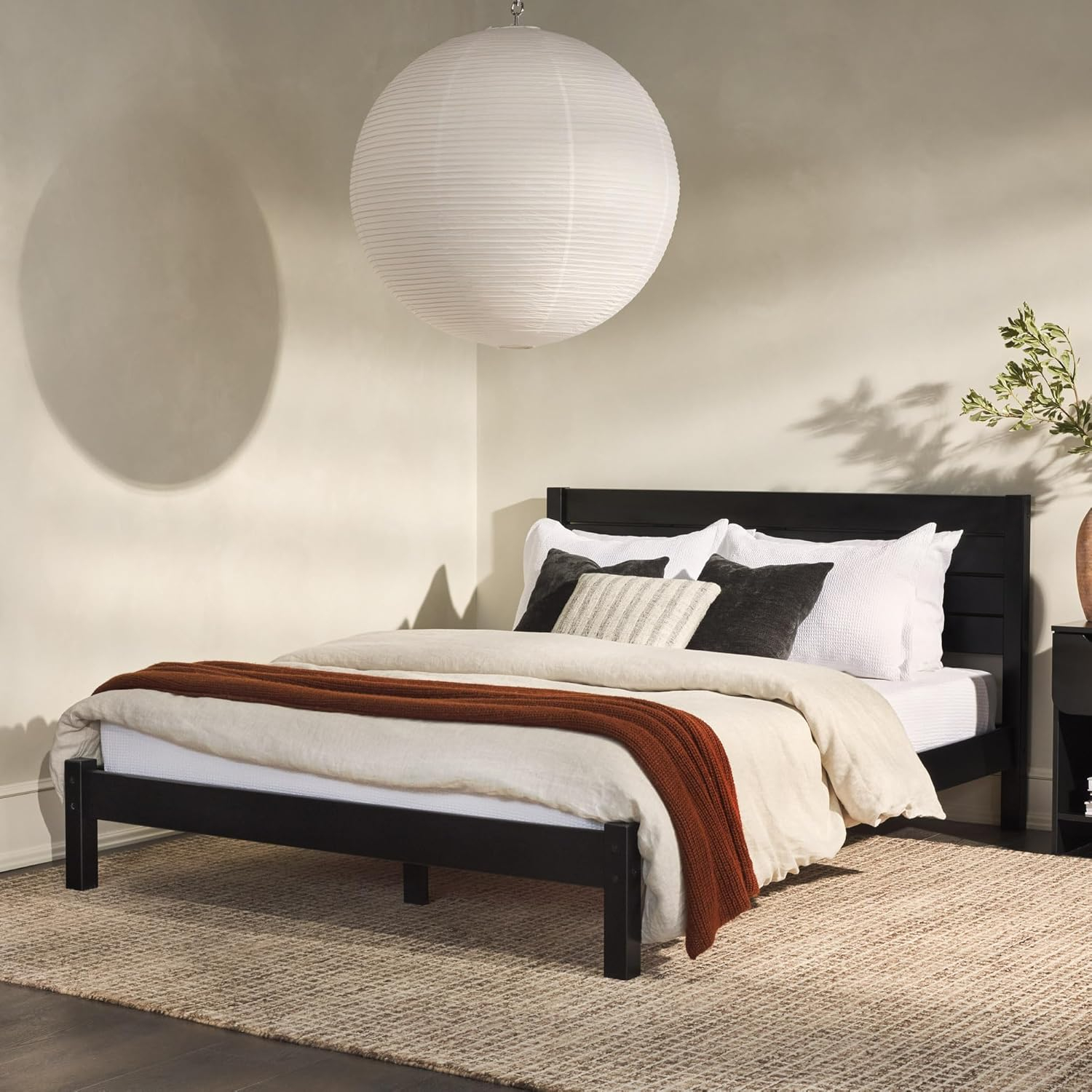 Solid Wood Minimalist Boho Queen Bed with Simple Headboard - Black