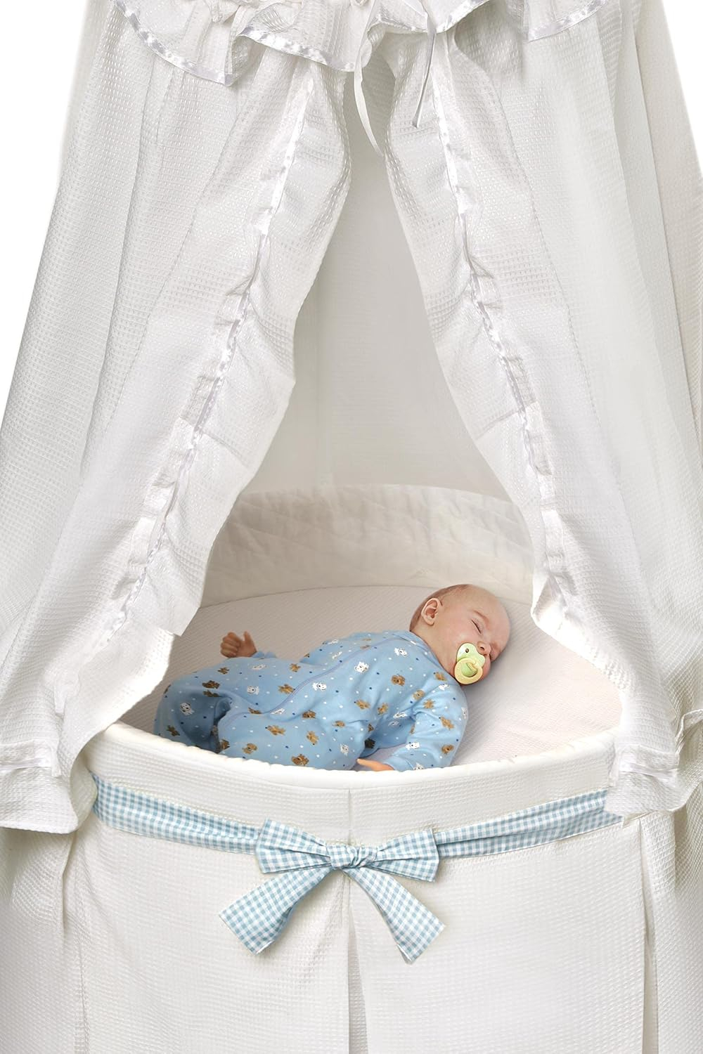 Badger Basket Empress Round Baby Bassinet with Canopy - White Bedding with Gingham Belts