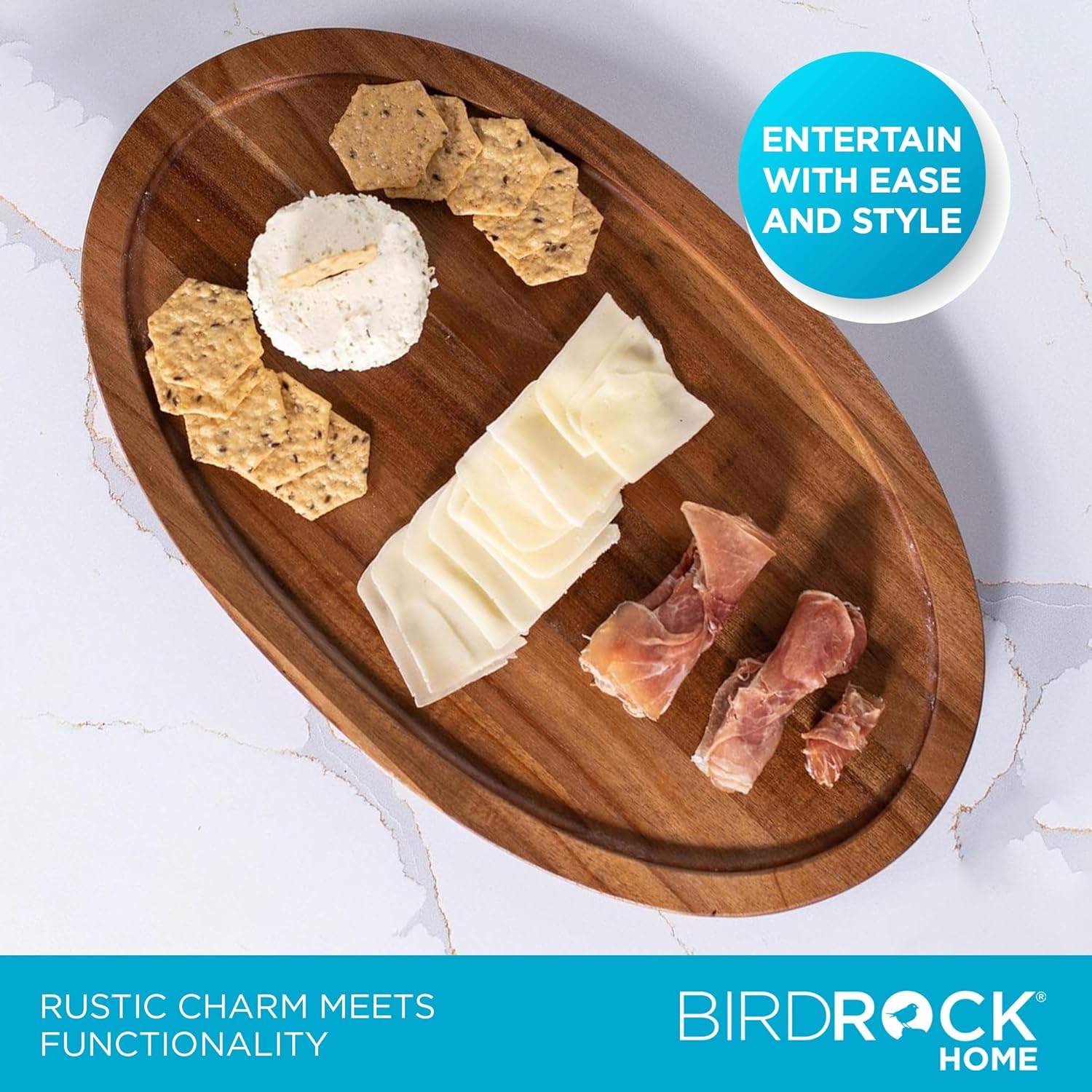 BIRDROCK HOME Acacia Wooden Cheese Serving Board with Handle - Charcuterie, Appetizers, Kitchen Platter, Grazing Board, Pizza, Meat, Bread, Cutting, Party, Food Display Tray - Espresso, 16.5", Oval