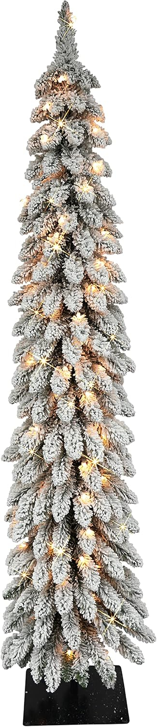Pre-Lit 5' Flocked Pencil Alpine Artificial Christmas Tree with 70 Lights, Green