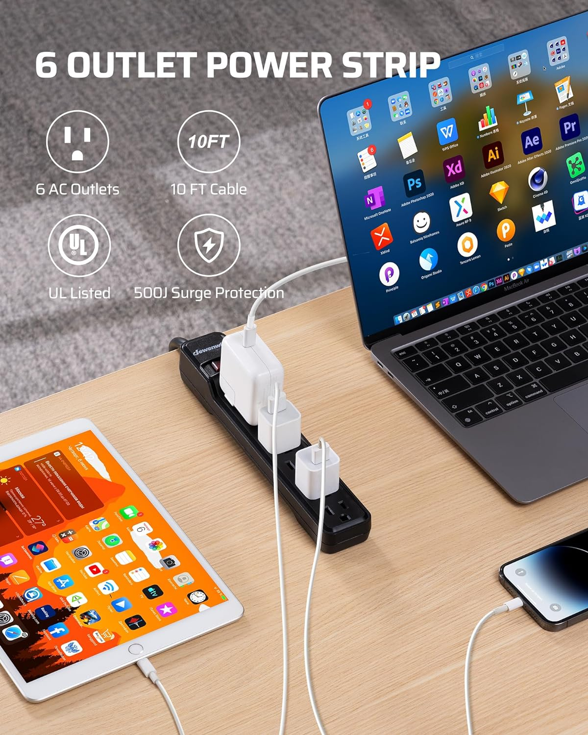 DEWENWILS 6-Outlet Power Strip Surge Protector with 10 Foot Long Extension Cord, Low Profile Flat Plug, 15 Amp Circuit Breaker, 500 Joules, Wall Mount, UL Listed, Black