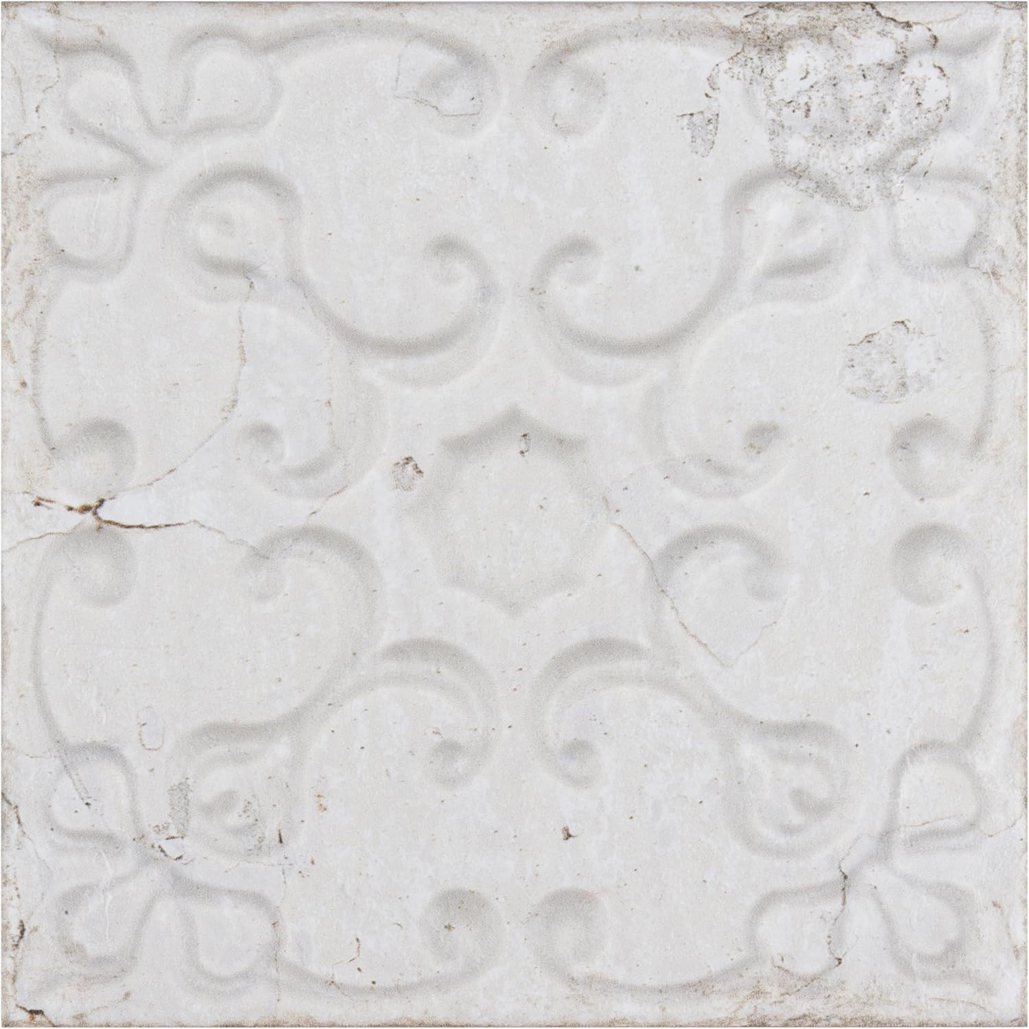 Aevum Ornato White Ceramic Wall Tile with Distressed Patterns