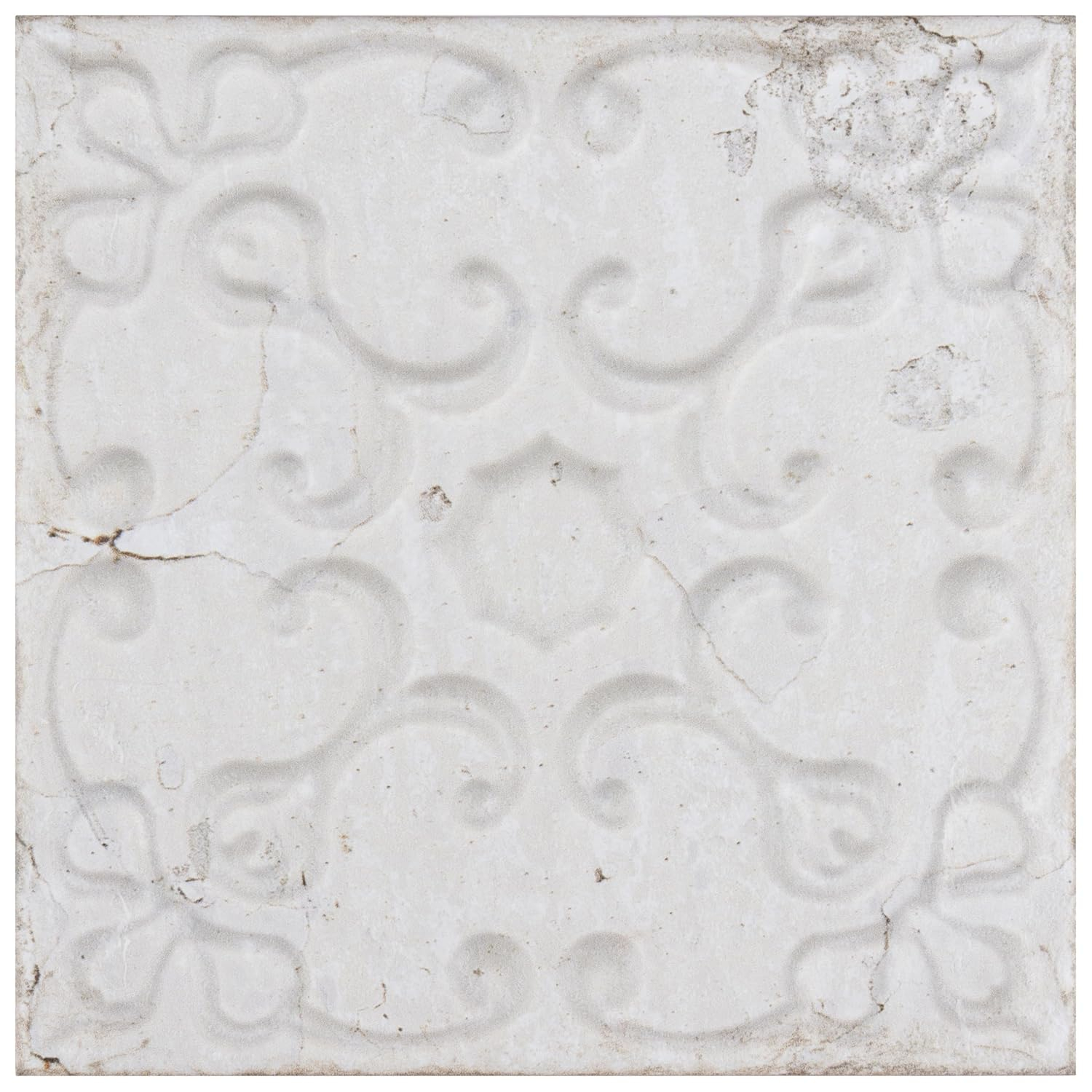Aevum Ornato White Ceramic Wall Tile with Distressed Patterns