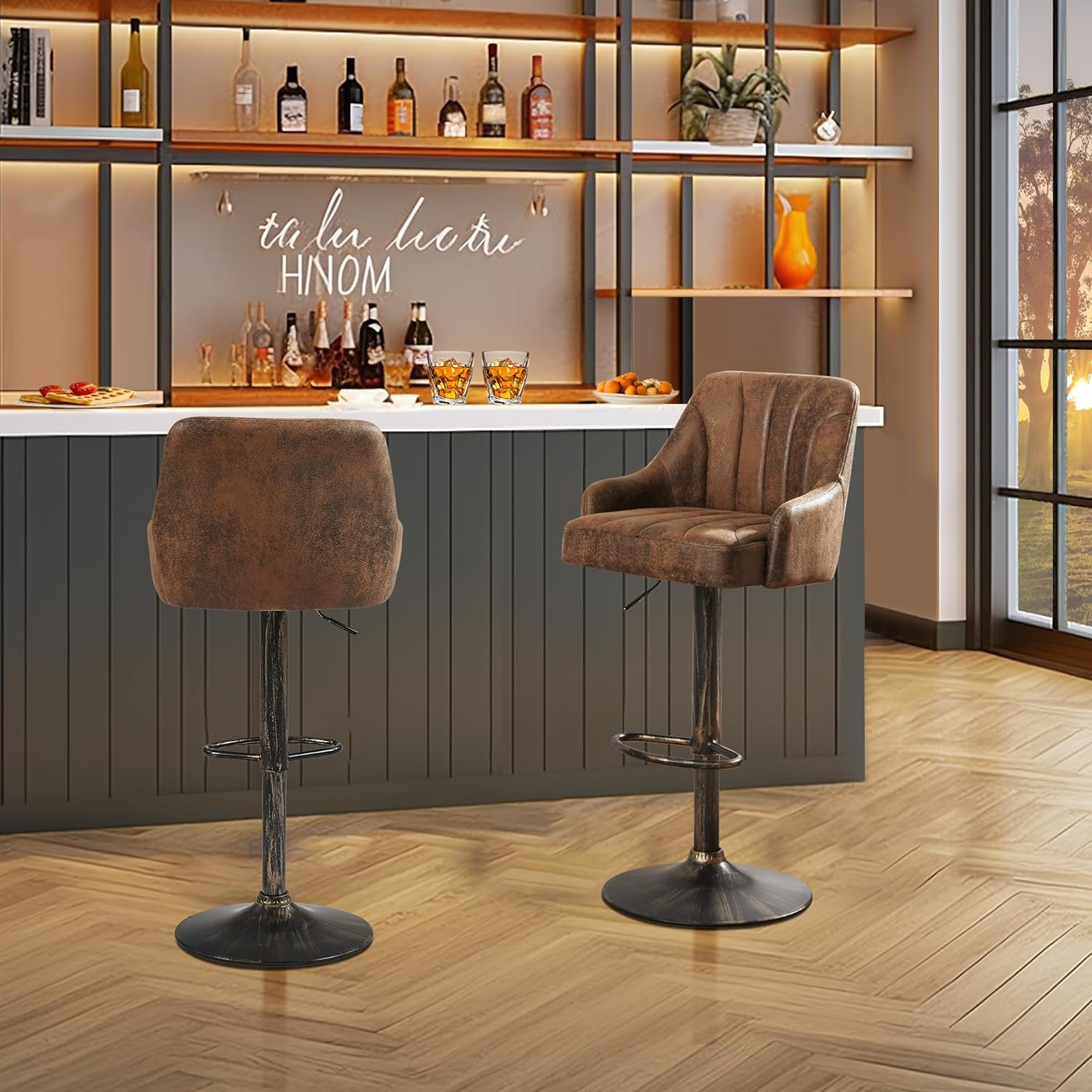 VECELO Set of 2 Swivel Bar Stools, Adjustable Counter Height Barstools Faux Leather Chair with Backrest and Armrest, Dark Brown