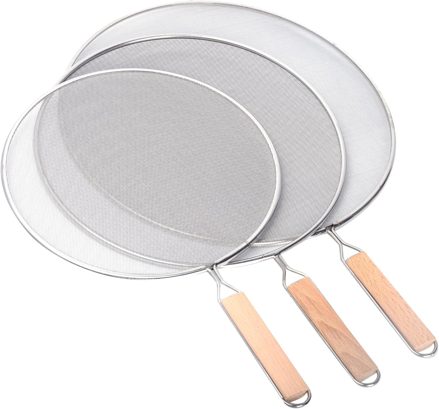 3 Pieces Grease Splatter Screen for Frying Pan, Splatter Guard Mesh Stainless Steel Grease Guard Shield for Kitchen Frying Pan Cooking Supplies Set of 9.44", 10.8" and 12.5" inch (Wood Handle)