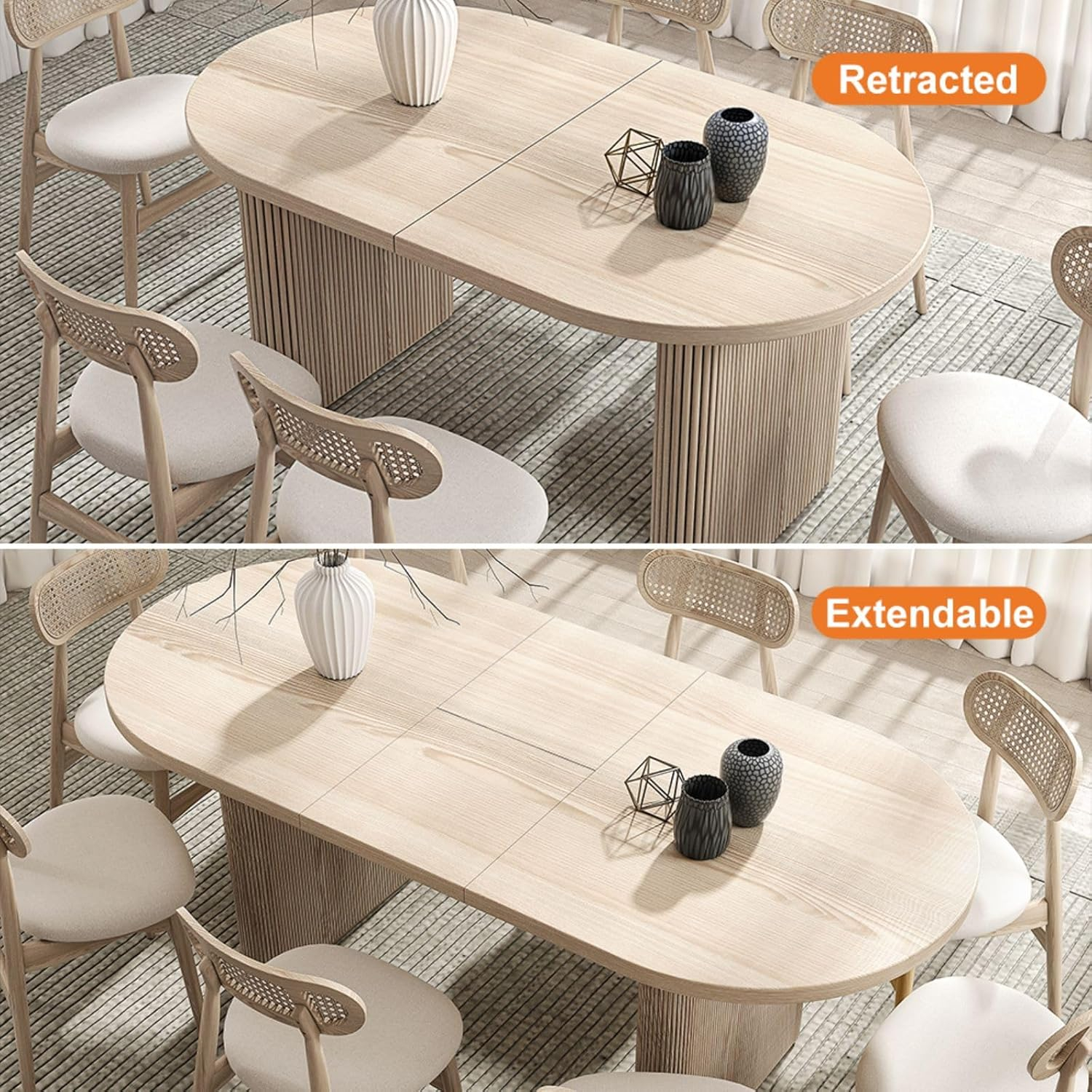 Homary Japandi 63"-79" Oval Extendable Whitewash Dining Table Butterfly Leaf 6 Seater