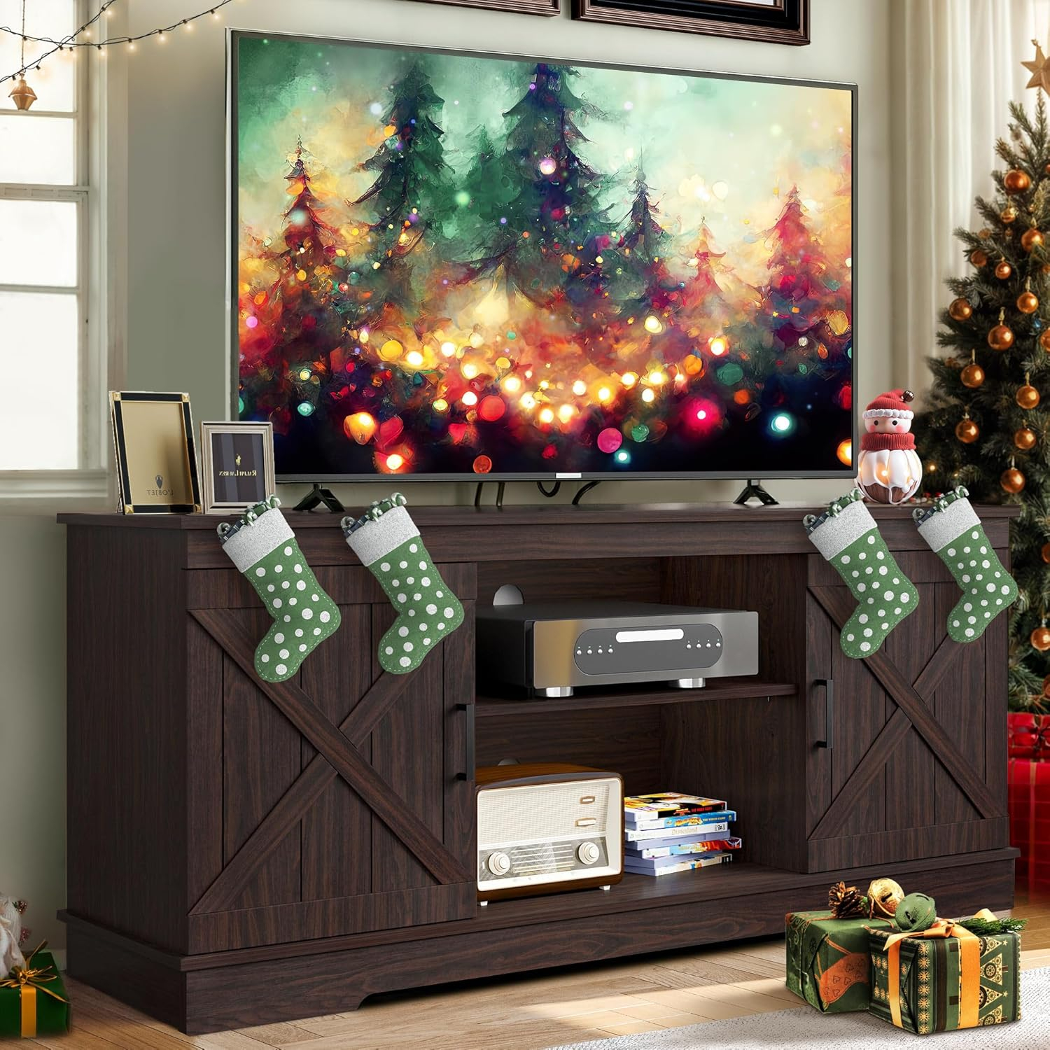 YITAHOME Entertainment Center for 65 Inch TV, Farmhouse TV Stand with Double Barn Doors and Storage Cabinets, Rustic Media Console Table TV Cabinet for Living Room, 59 Inches, Espresso