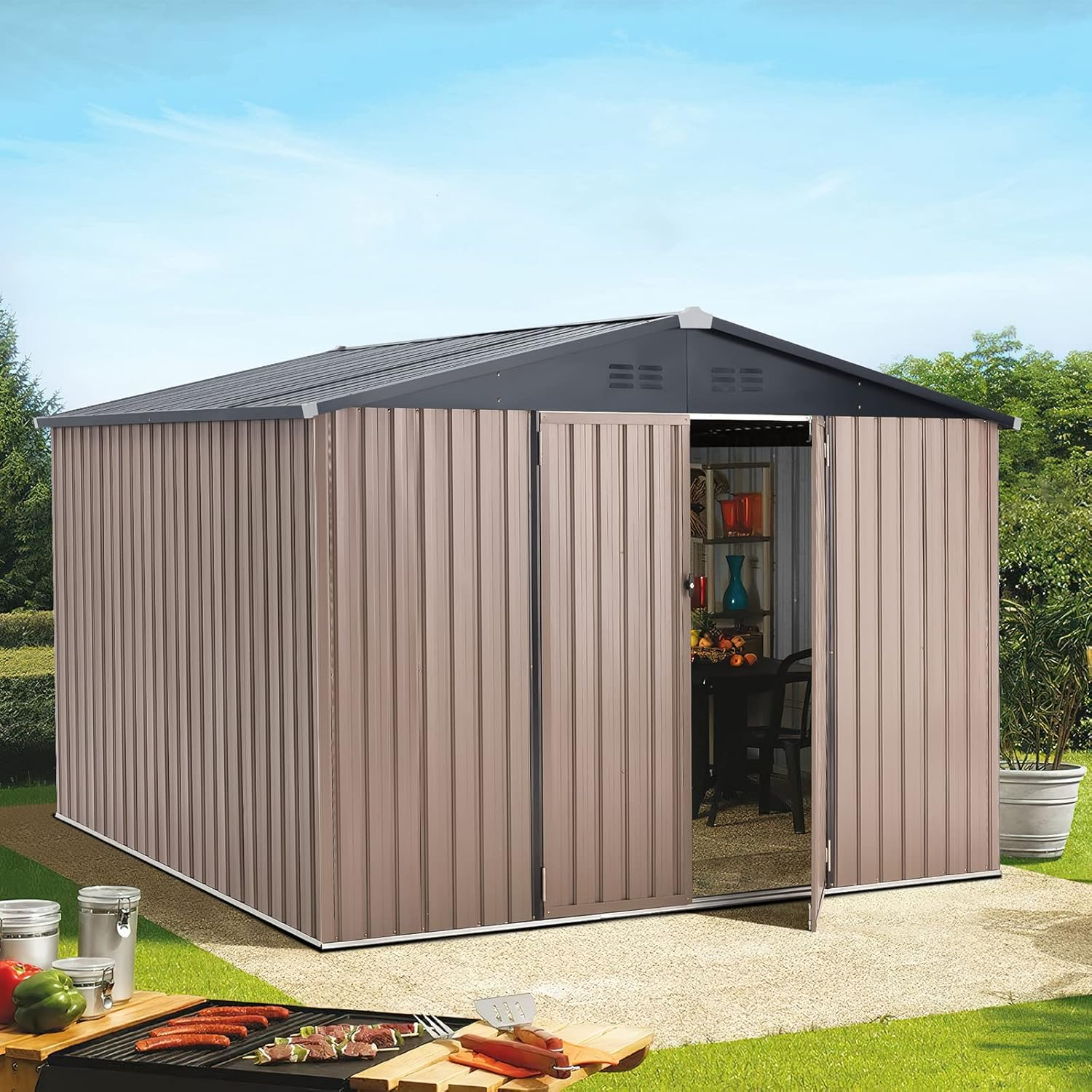 AECOJOY 8' x 10' Outdoor Storage Shed with Rack & Shelves Metal Utility Tool Shed with Lockable Door for Backyard & Garden on Clearance