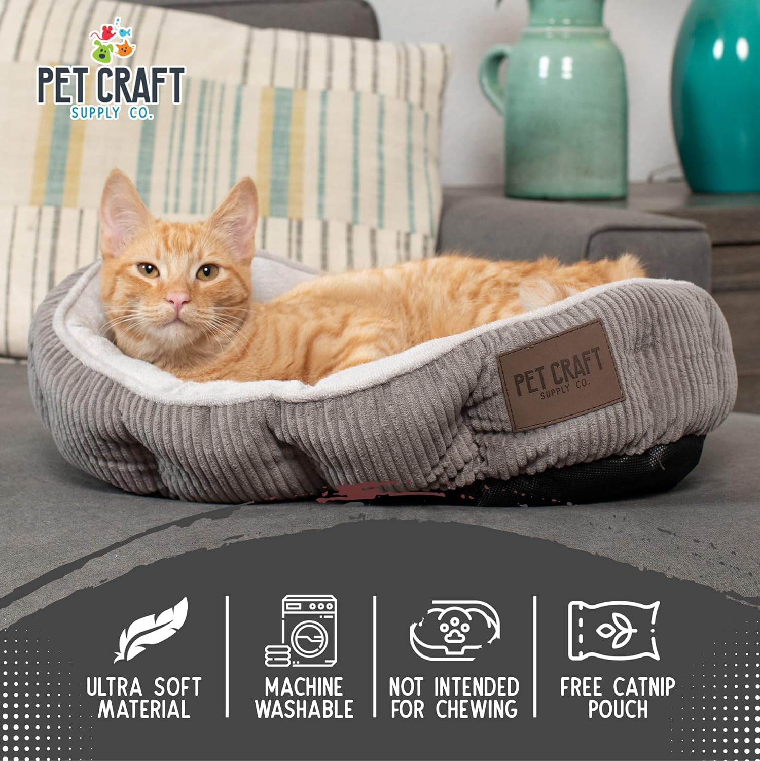 Pet Craft Supply Sleeper Self Warming Calming Cat Bed with Ultra Soft Luxury Plush & Refillable Catnip Pouch, Grey