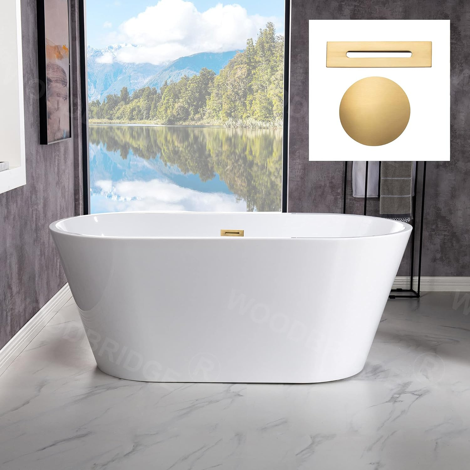 WOODBRIDGE 54" Acrylic Freestanding Bathtub Contemporary Soaking White Tub with Brushed Gold Overflow and Drain,B1702-BG
