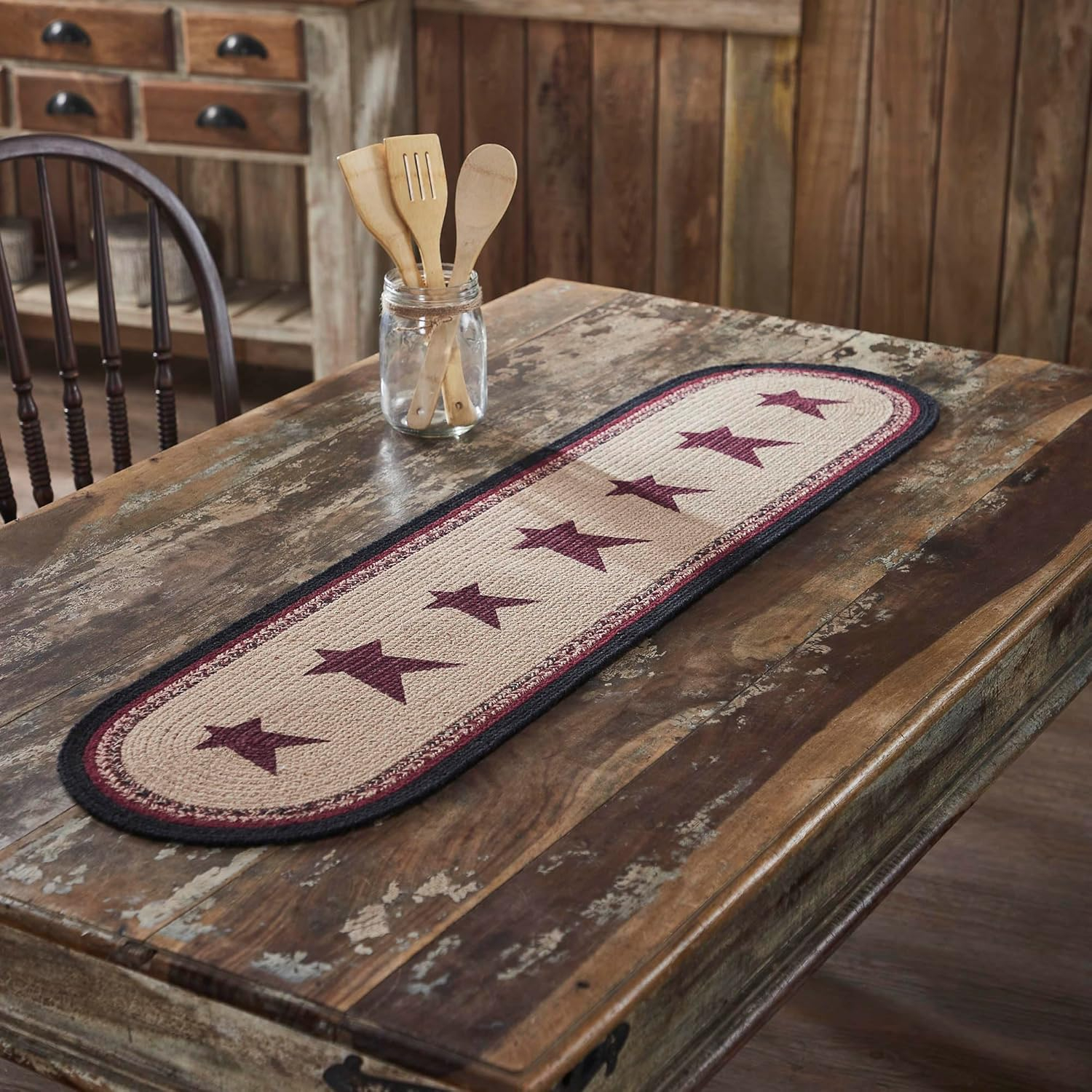 Rustic Burgundy Star Braided Cotton Polyester Table Runner 12x48