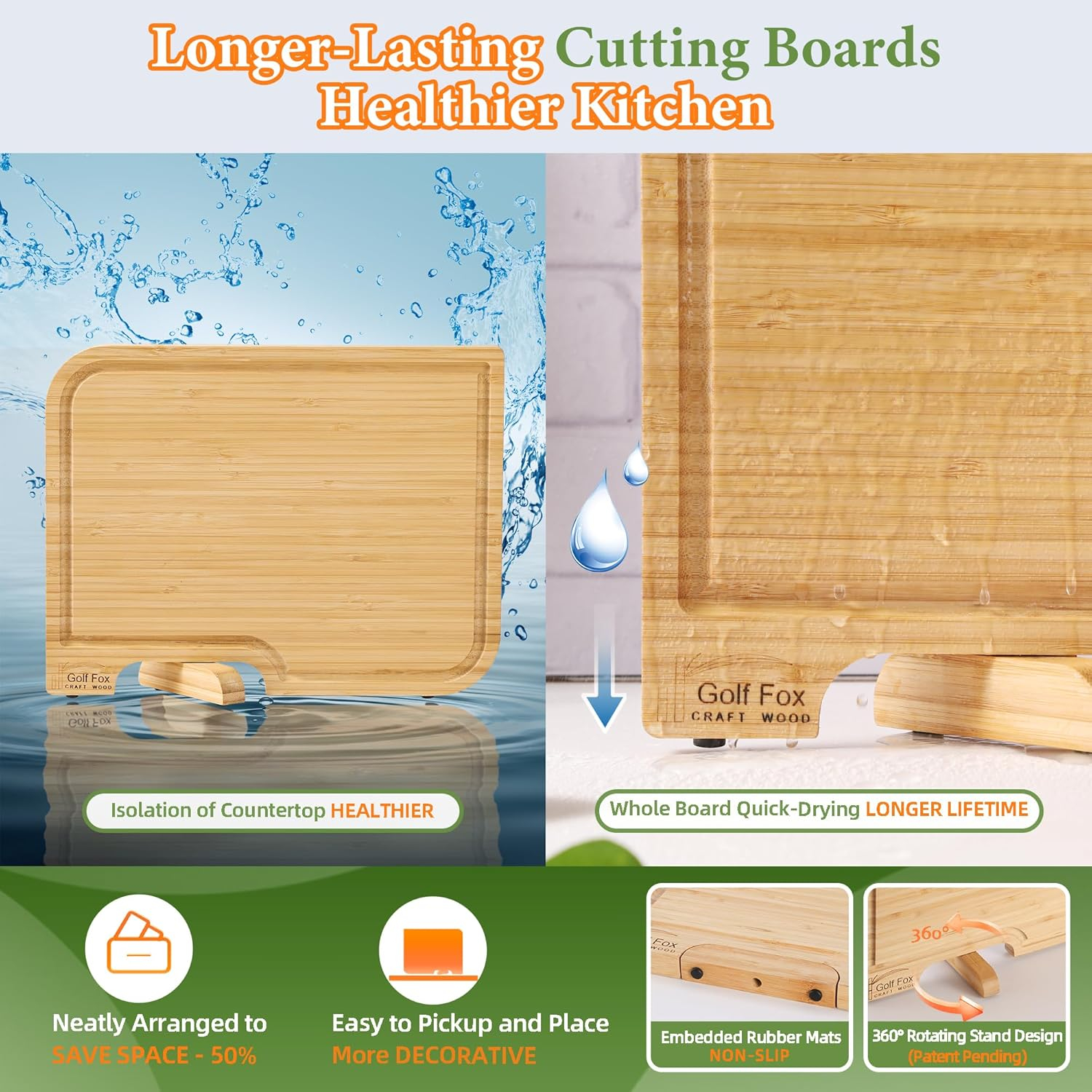 2-PCS Bamboo Cutting Board Set, Wood Cutting Board for Kitchen with Innovative Stand, Juice Groove & Handle, Double Sided for Chopping & Charcuterie Board, Kitchen Gift for Home Cooks, For Meat &Fruit