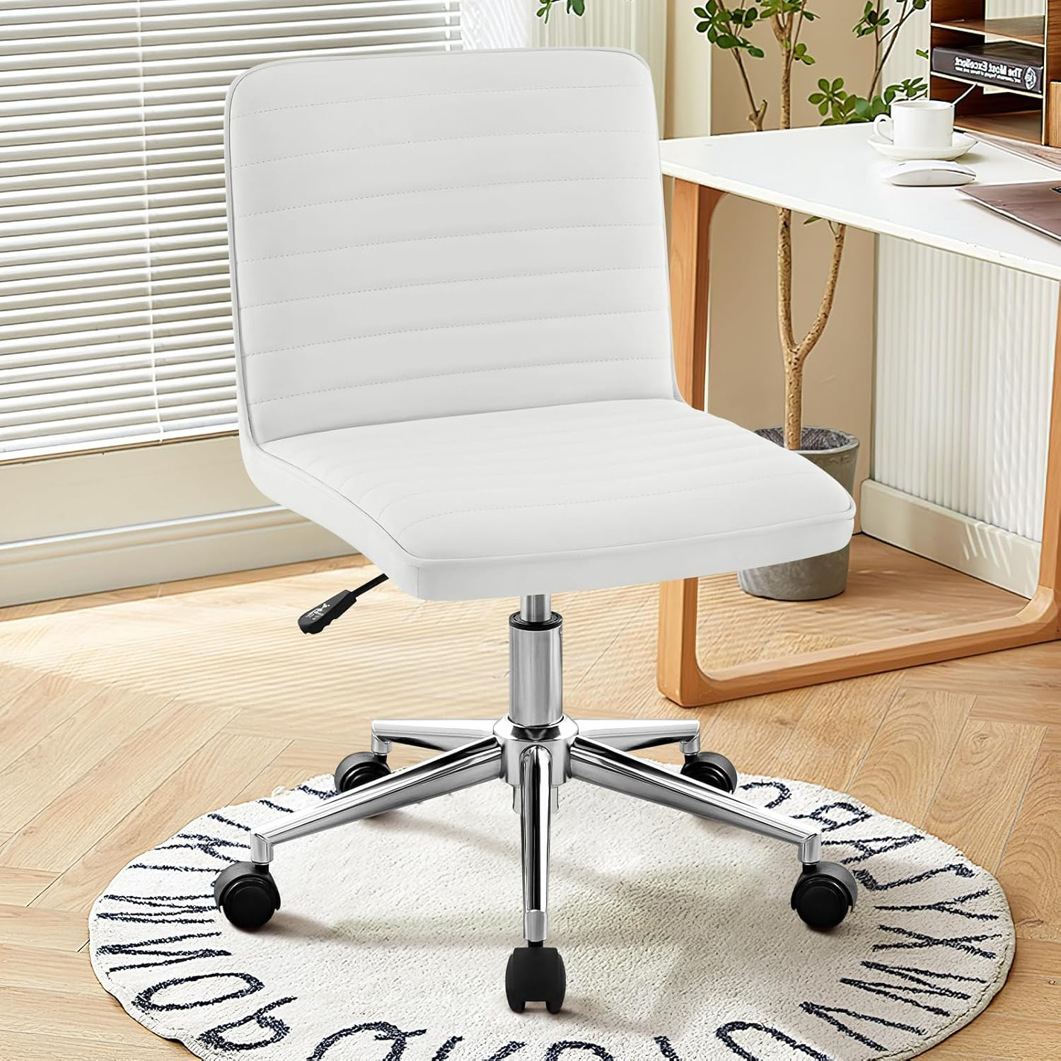 Furniliving Modern PU Leather Armless Office Chair Adjustable Swivel Office Desk Chair with Wheels Task Chair for Home Office, White