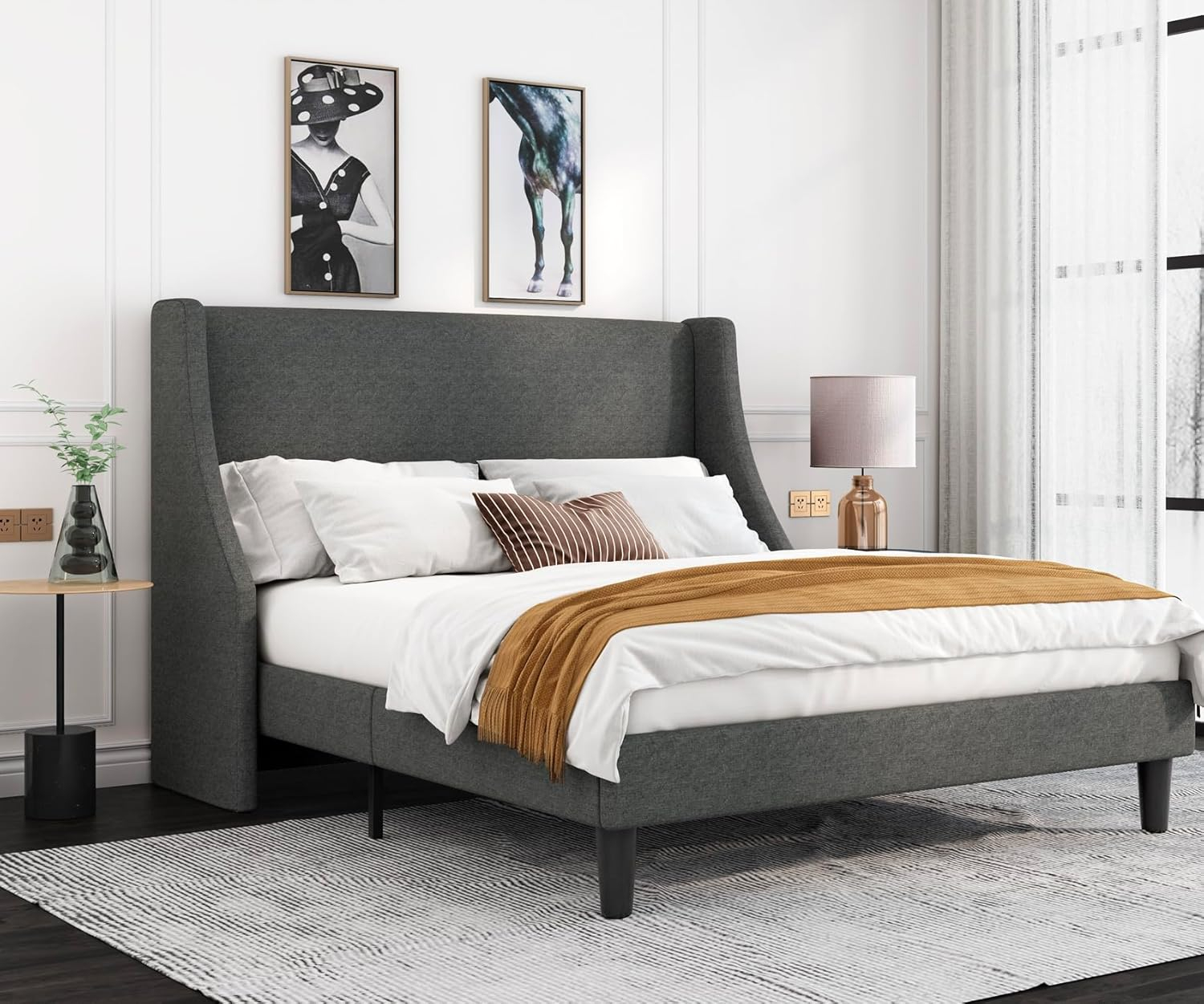 Allewie Base de Cama con Plataforma Tapizada en Tela de Tamaño Full con Cabecera con Respaldo Lateral, Gris Oscuro