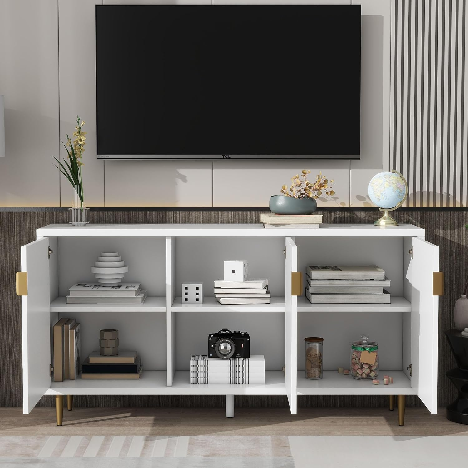 Merax Modern TV Stand Fits TVs up to 70", Television Console with 3 Doors & Adjustable Shelves & Storage Cabinets for Living Room, White