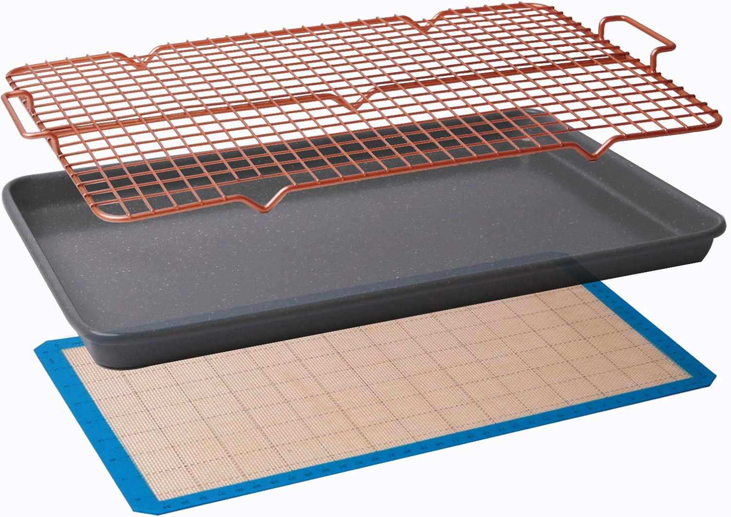 Silver Granite Non-Stick Cookie Sheet Set with Cooling Grid and Silicone Mat