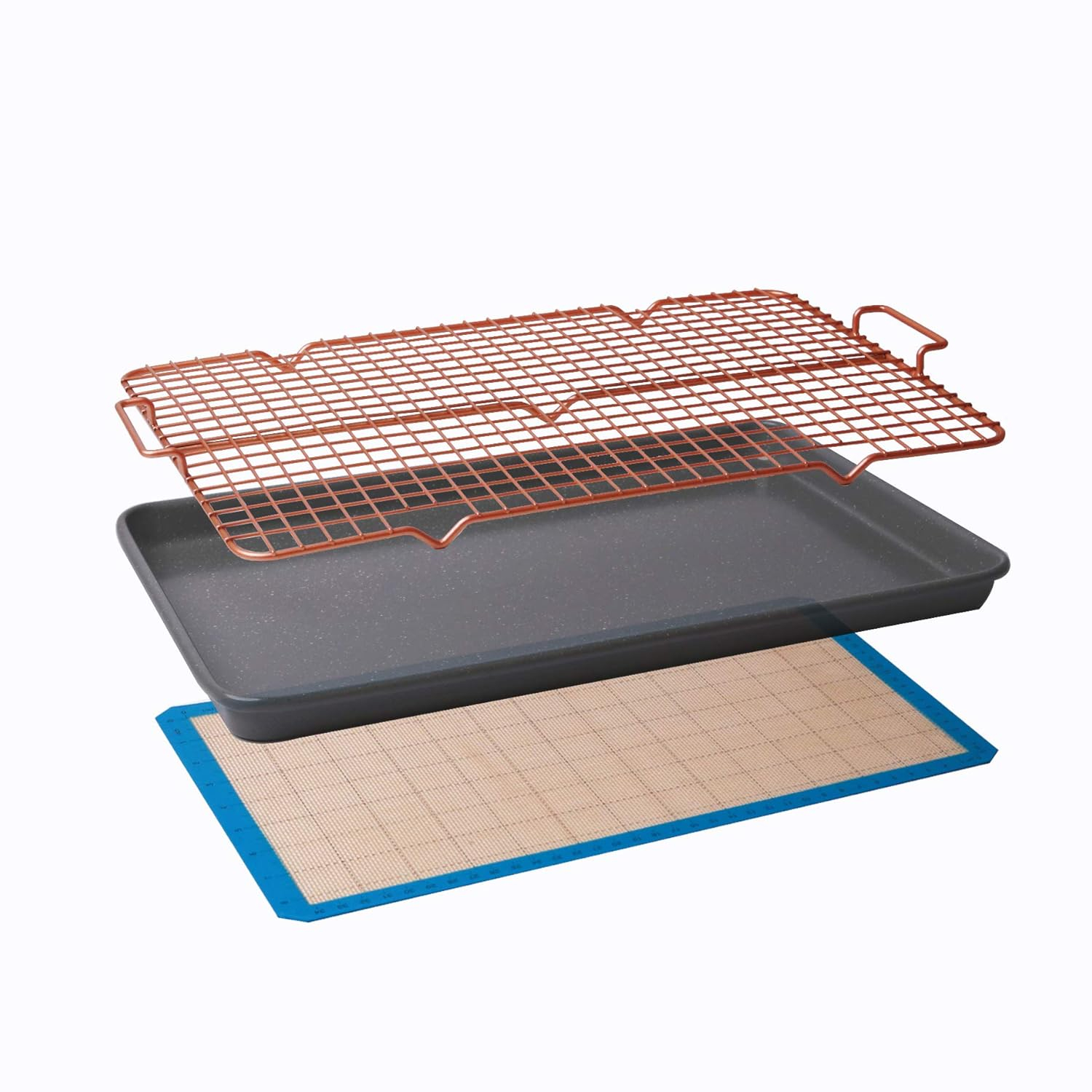 Silver Granite Non-Stick Cookie Sheet Set with Cooling Grid and Silicone Mat