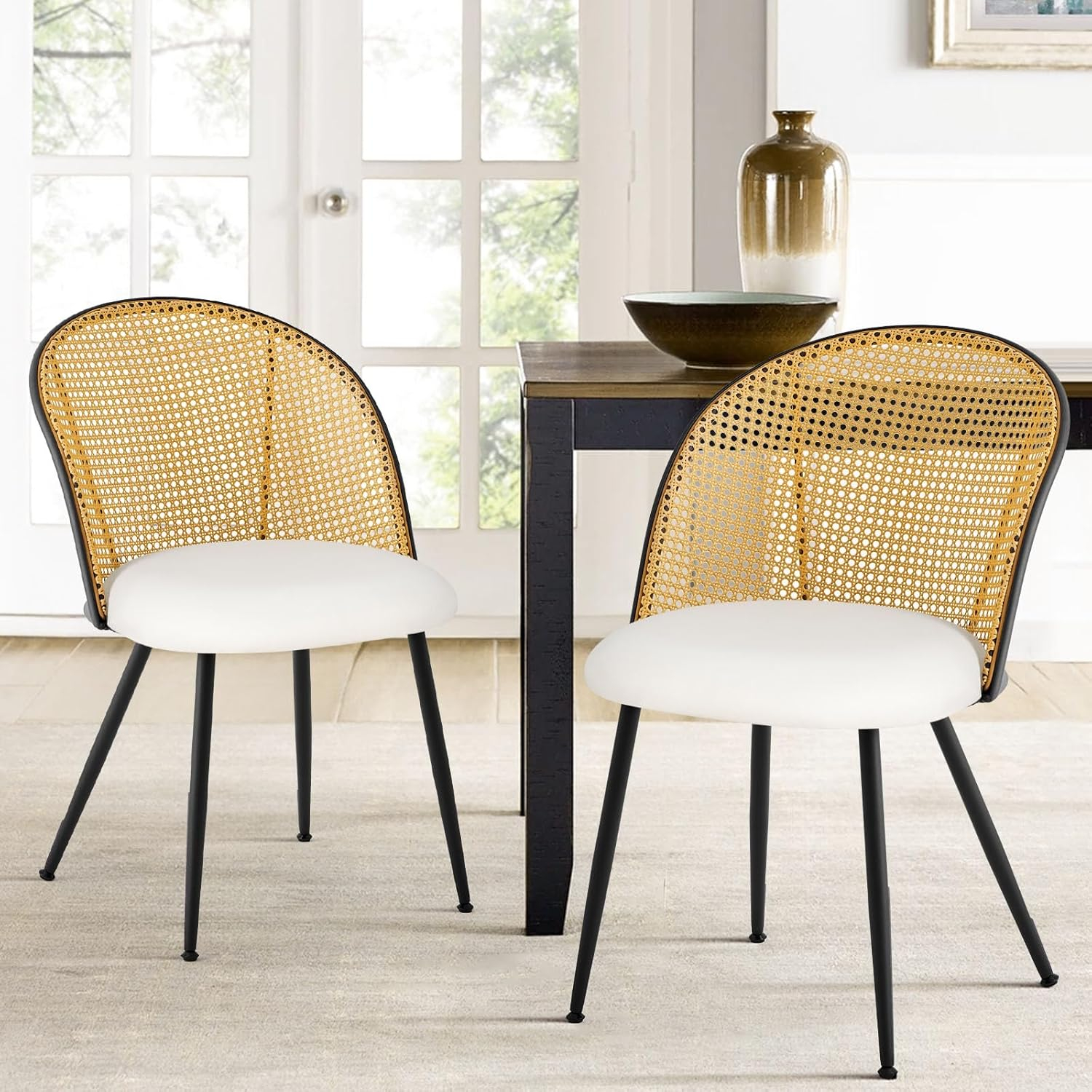 Lucky Monet Modern Upholstered Rattan Dining Chairs Set of 2/4 Set of 2 - PU-White-Natural Back